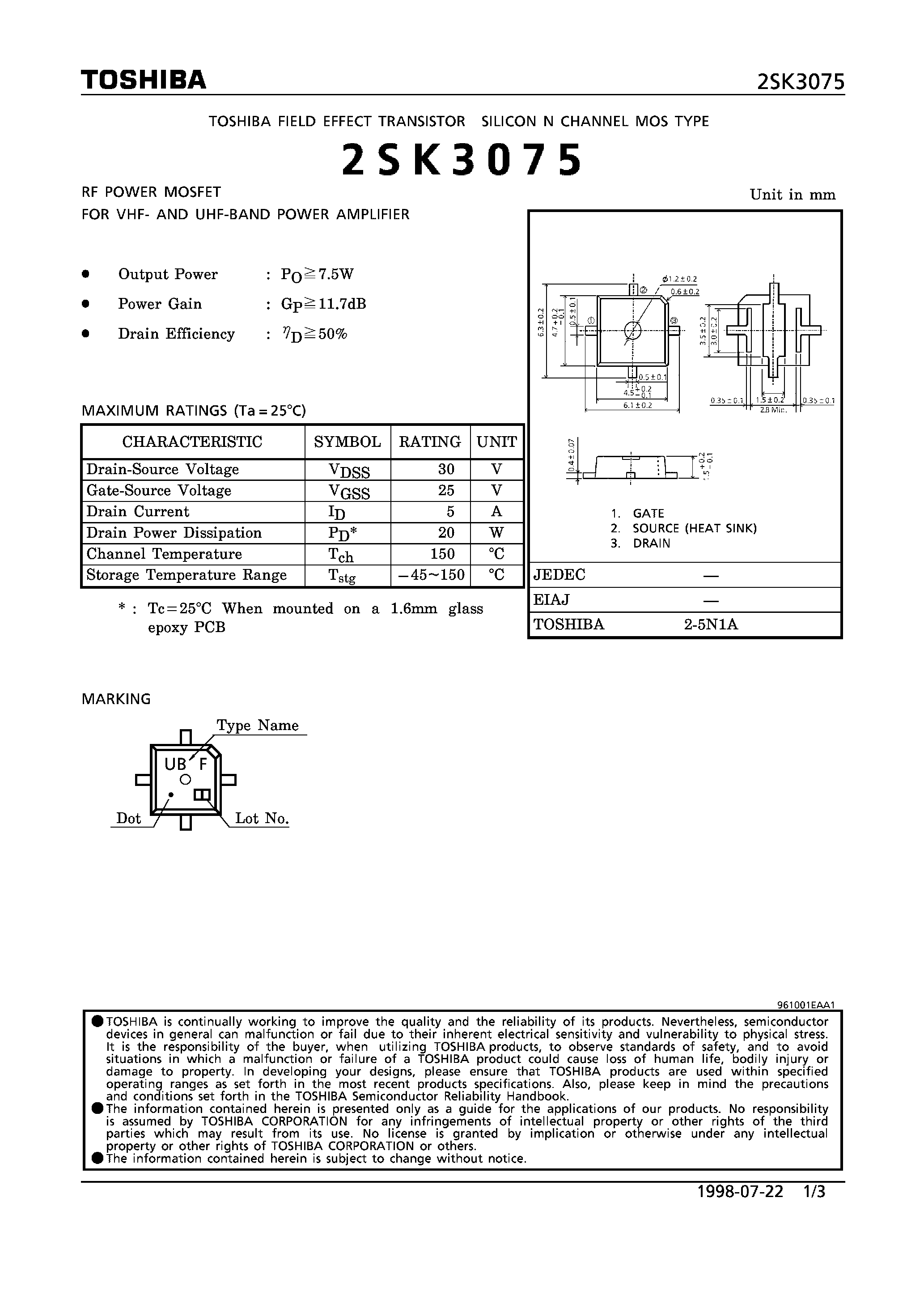 Даташит 2SK3075 - N CHANNEL MOS TYPE (RF POWER MOSFET FOR VHF- AND UHF-BAND POWER AMPLIFIER) страница 1