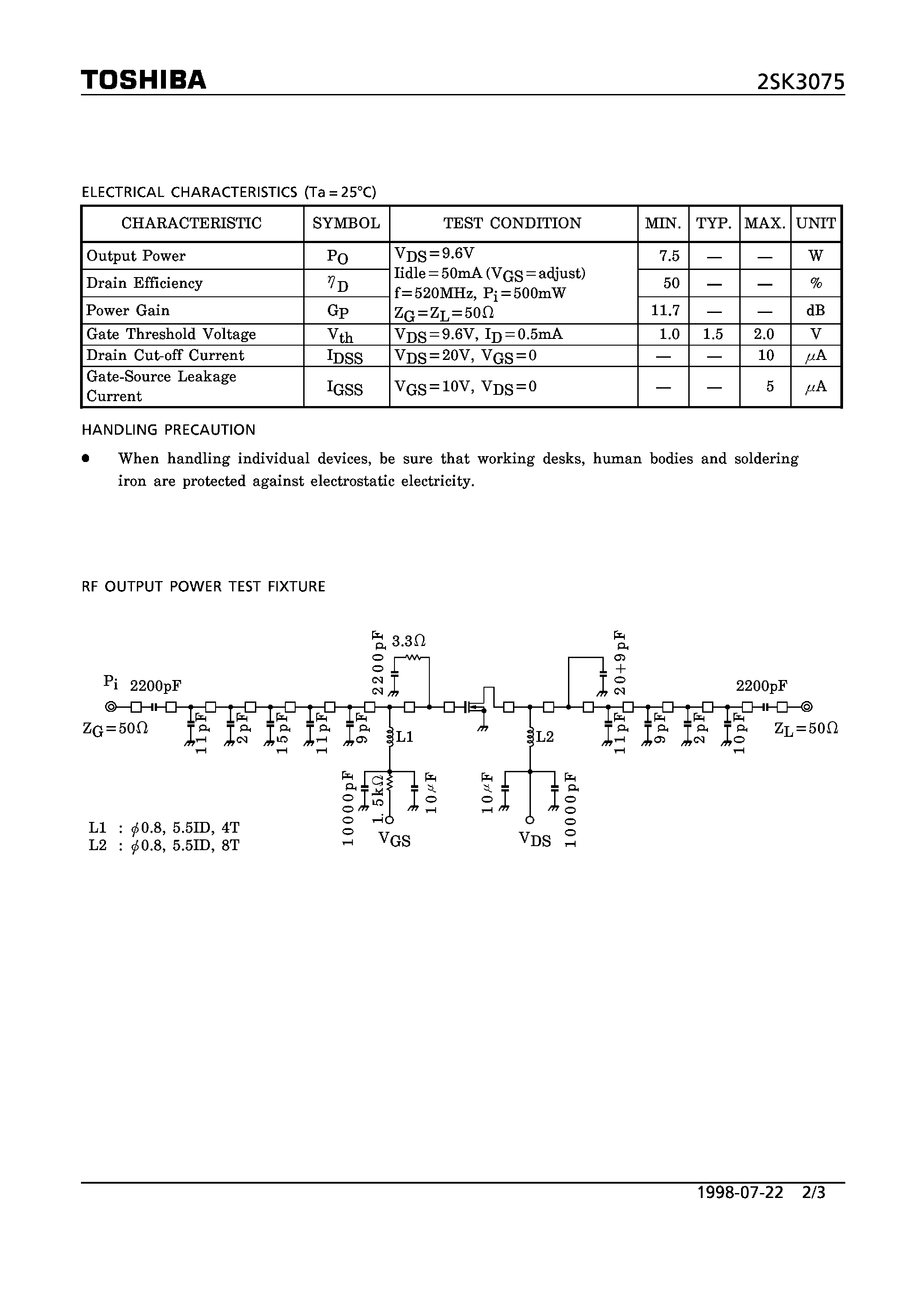 Даташит 2SK3075 - N CHANNEL MOS TYPE (RF POWER MOSFET FOR VHF- AND UHF-BAND POWER AMPLIFIER) страница 2