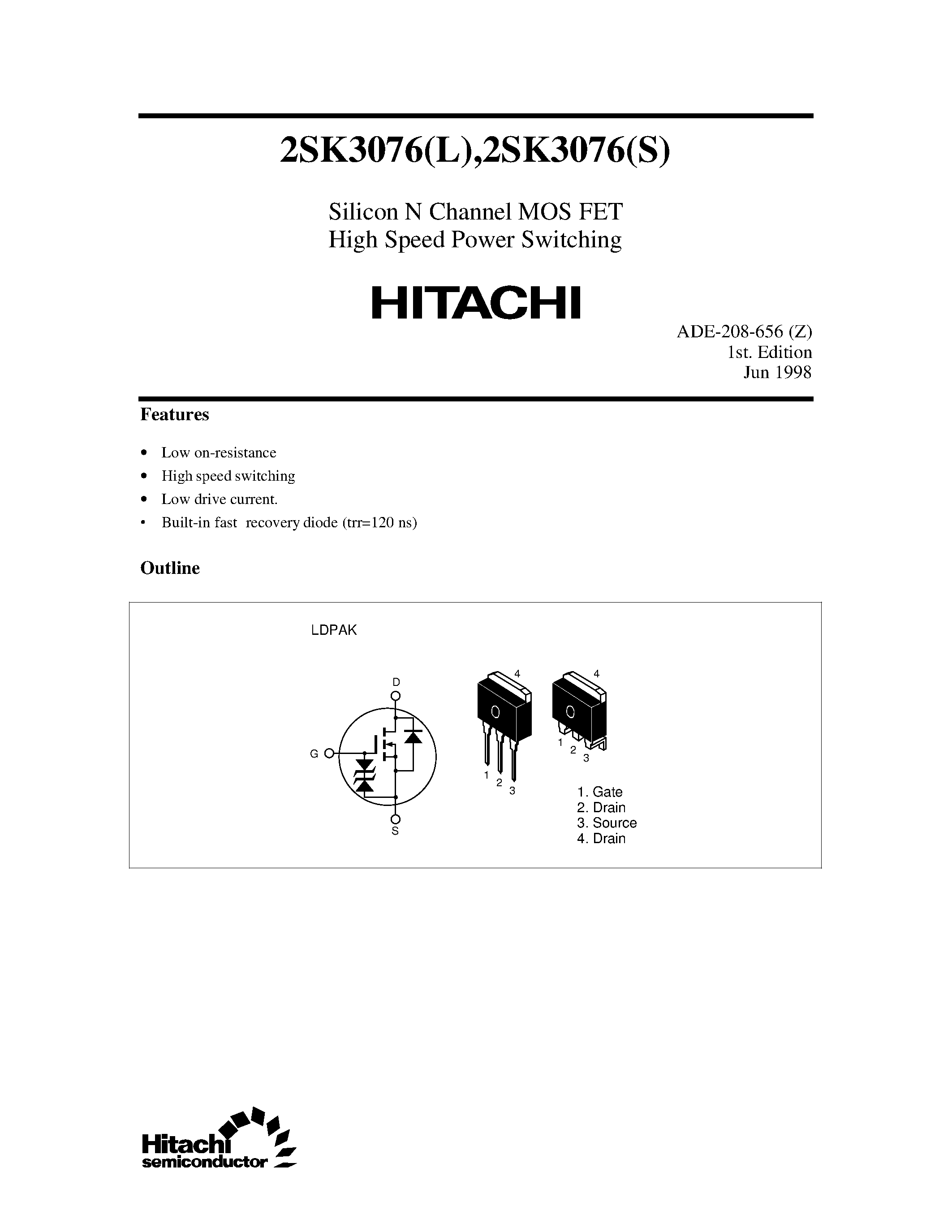 Datasheet 2SK3076 page 1 Datasheet 2SK3076 - Silicon N Channel MOS FET High Speed Power Switching page 1