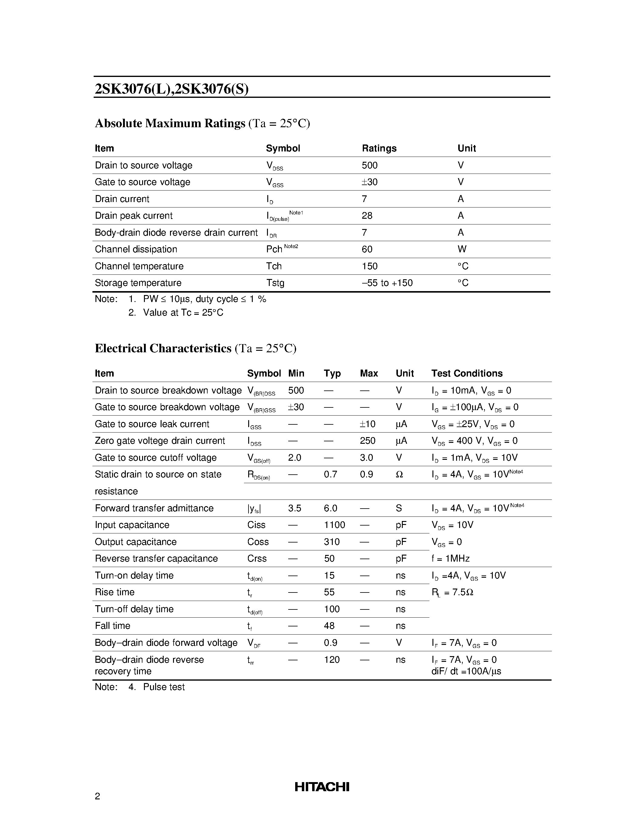 Datasheet 2SK3076S - Silicon N Channel MOS FET High Speed Power Switching page 2