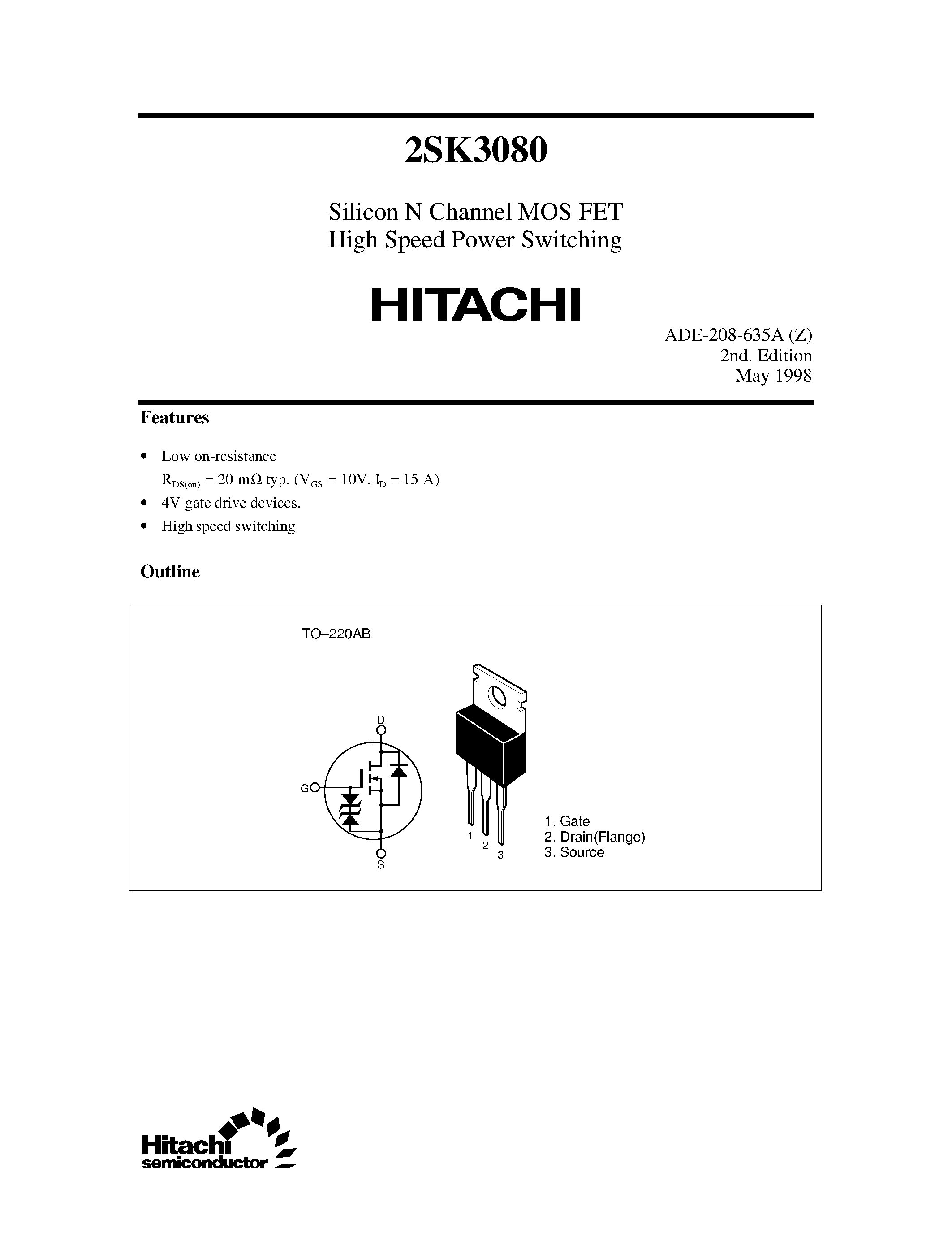 Datasheet 2SK3080 page 1 Datasheet 2SK3080 - Silicon N Channel MOS FET High Speed Power Switching page 1