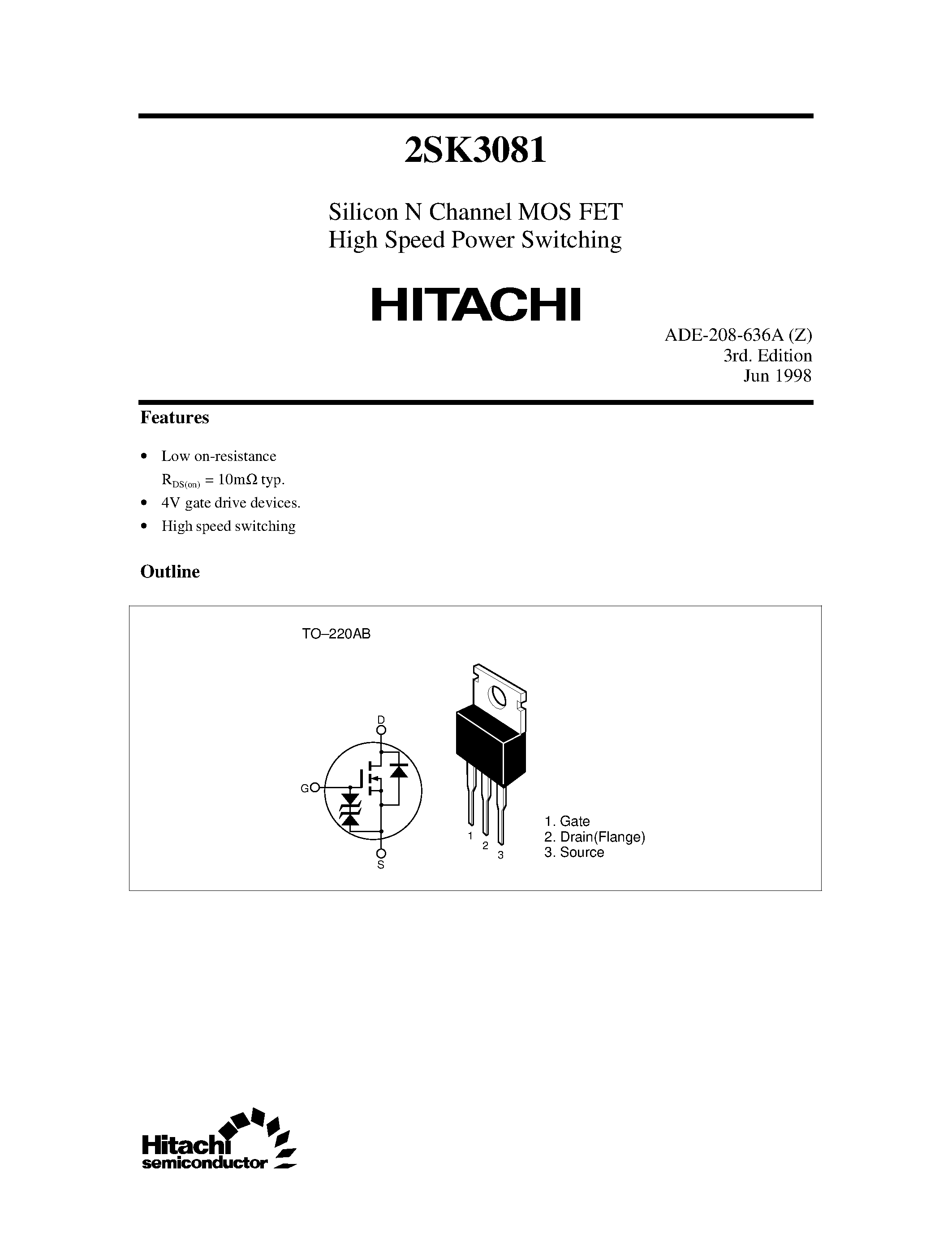 Datasheet 2SK3081 page 1 Datasheet 2SK3081 - Silicon N Channel MOS FET High Speed Power Switching page 1