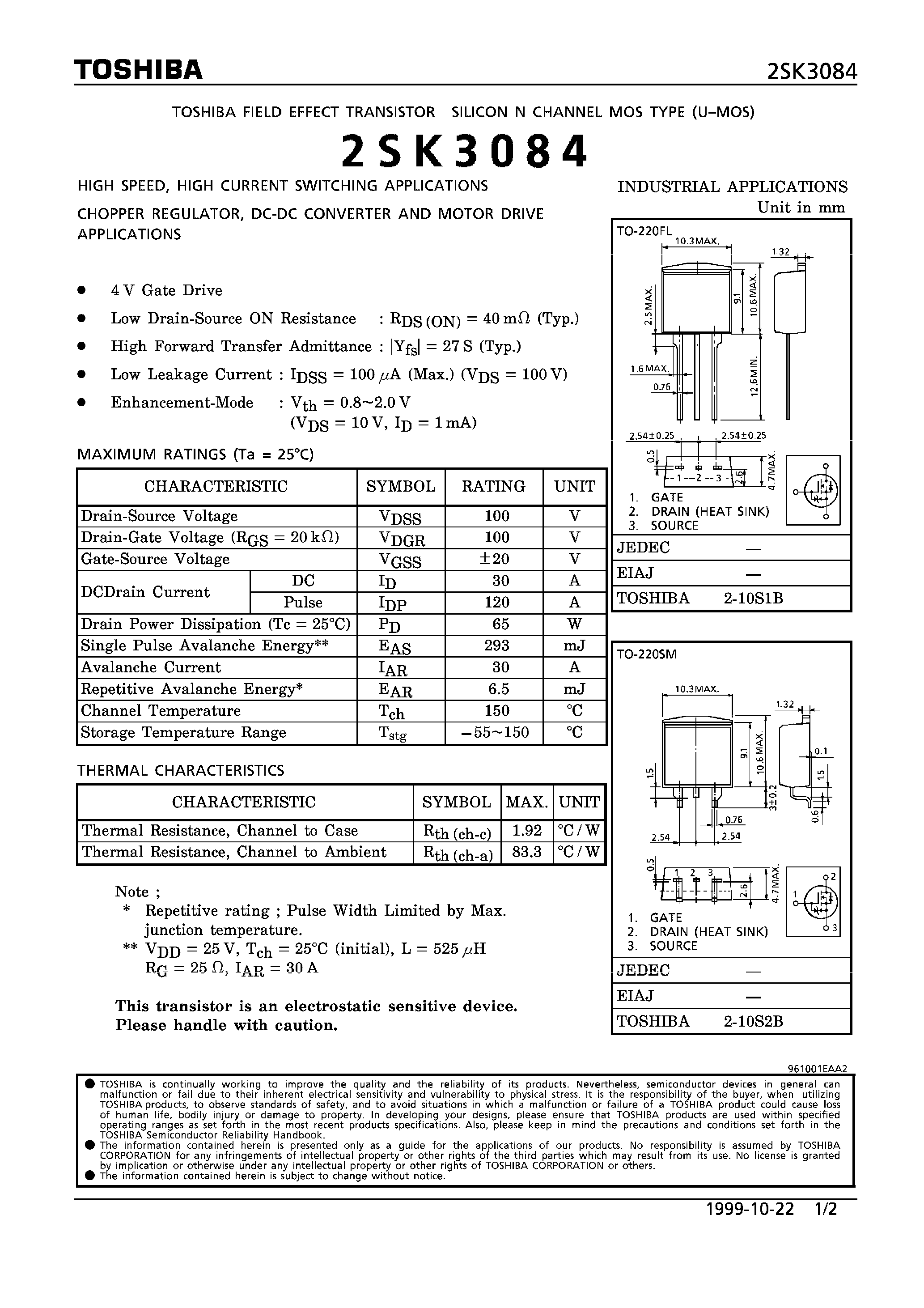 Datasheet 2SK3084 - N CHANNEL MOS TYPE (HIGH SPEED/ HIGH CURRENT SWITCHING/ CHOPPER REGULATOR/ DC-DC CONVERTER AND MOTOR DRIVE APPLICATIONS) page 1