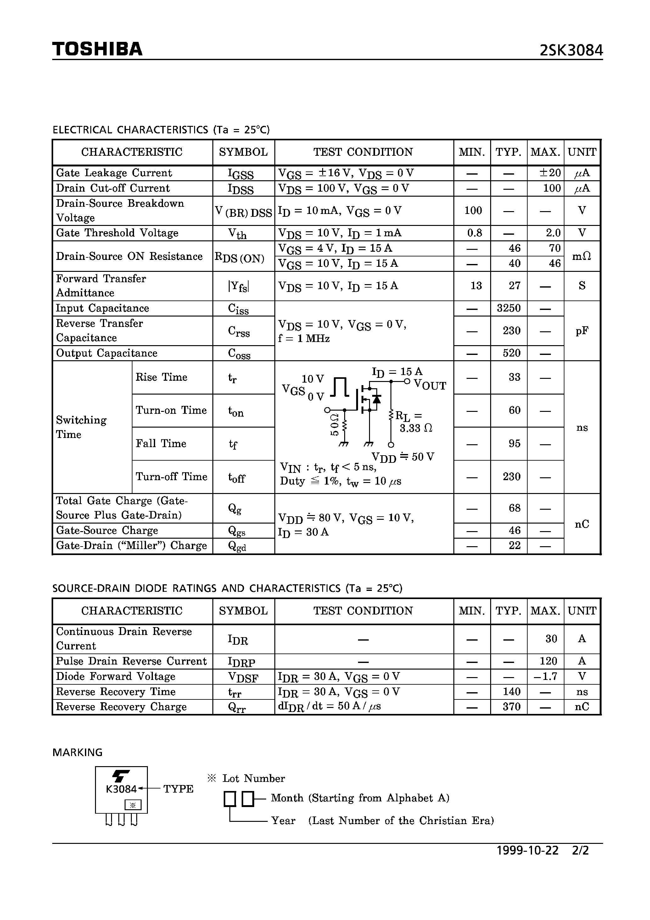 Datasheet 2SK3084 - N CHANNEL MOS TYPE (HIGH SPEED/ HIGH CURRENT SWITCHING/ CHOPPER REGULATOR/ DC-DC CONVERTER AND MOTOR DRIVE APPLICATIONS) page 2
