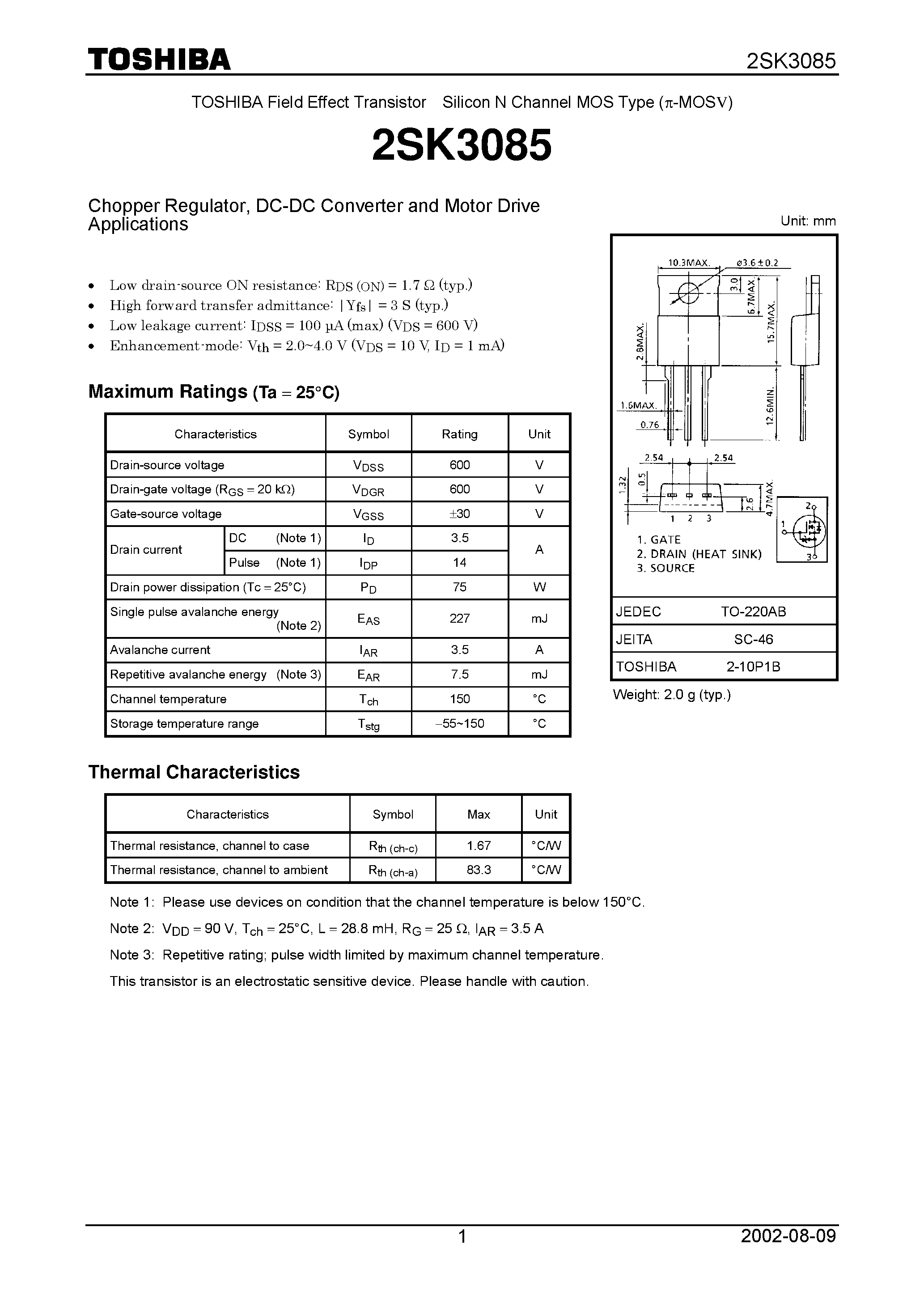 Даташит 2SK3085 - Chopper Regulator/ DC-DC Converter and Motor Drive Applications страница 1