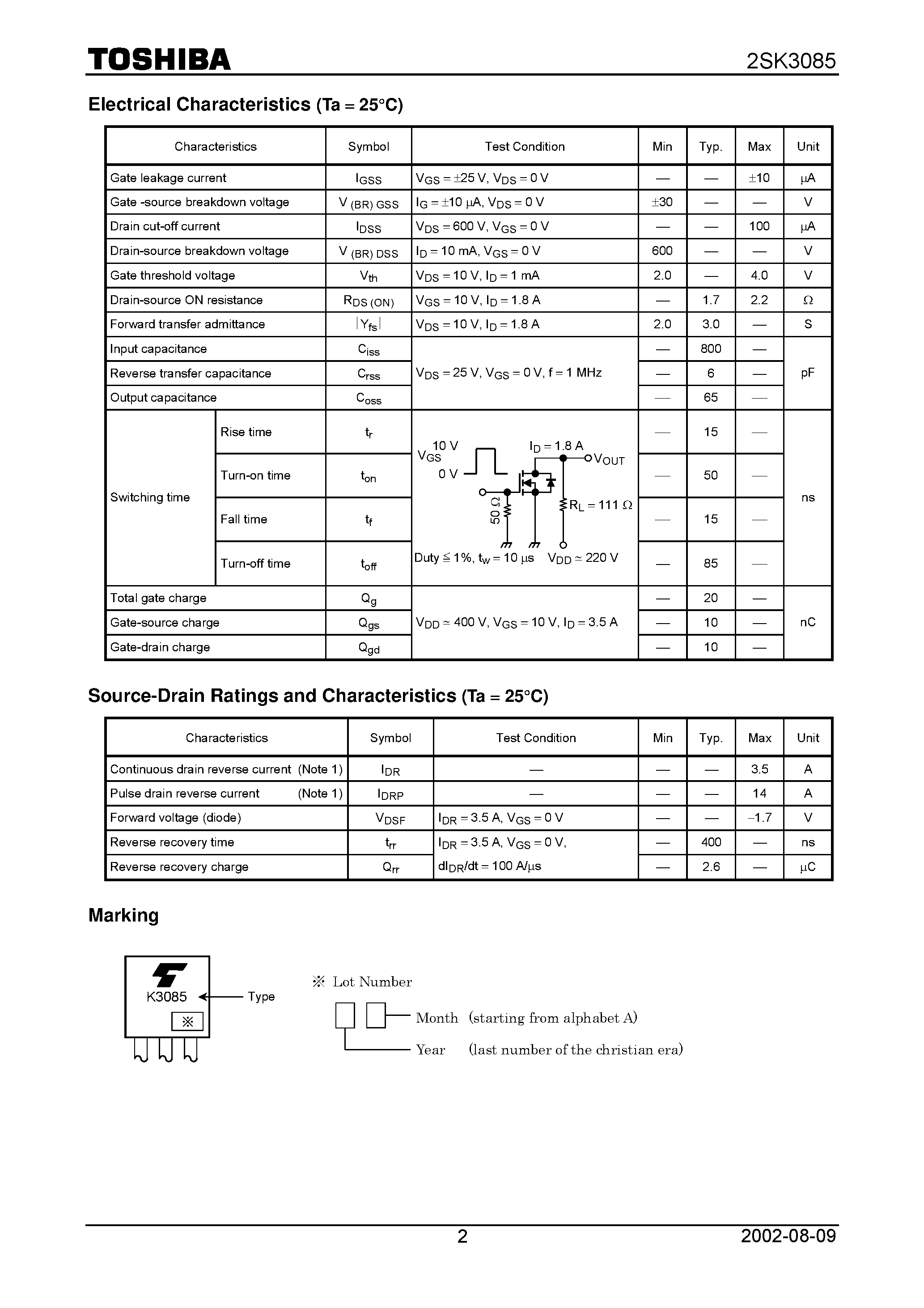 Даташит 2SK3085 - Chopper Regulator/ DC-DC Converter and Motor Drive Applications страница 2