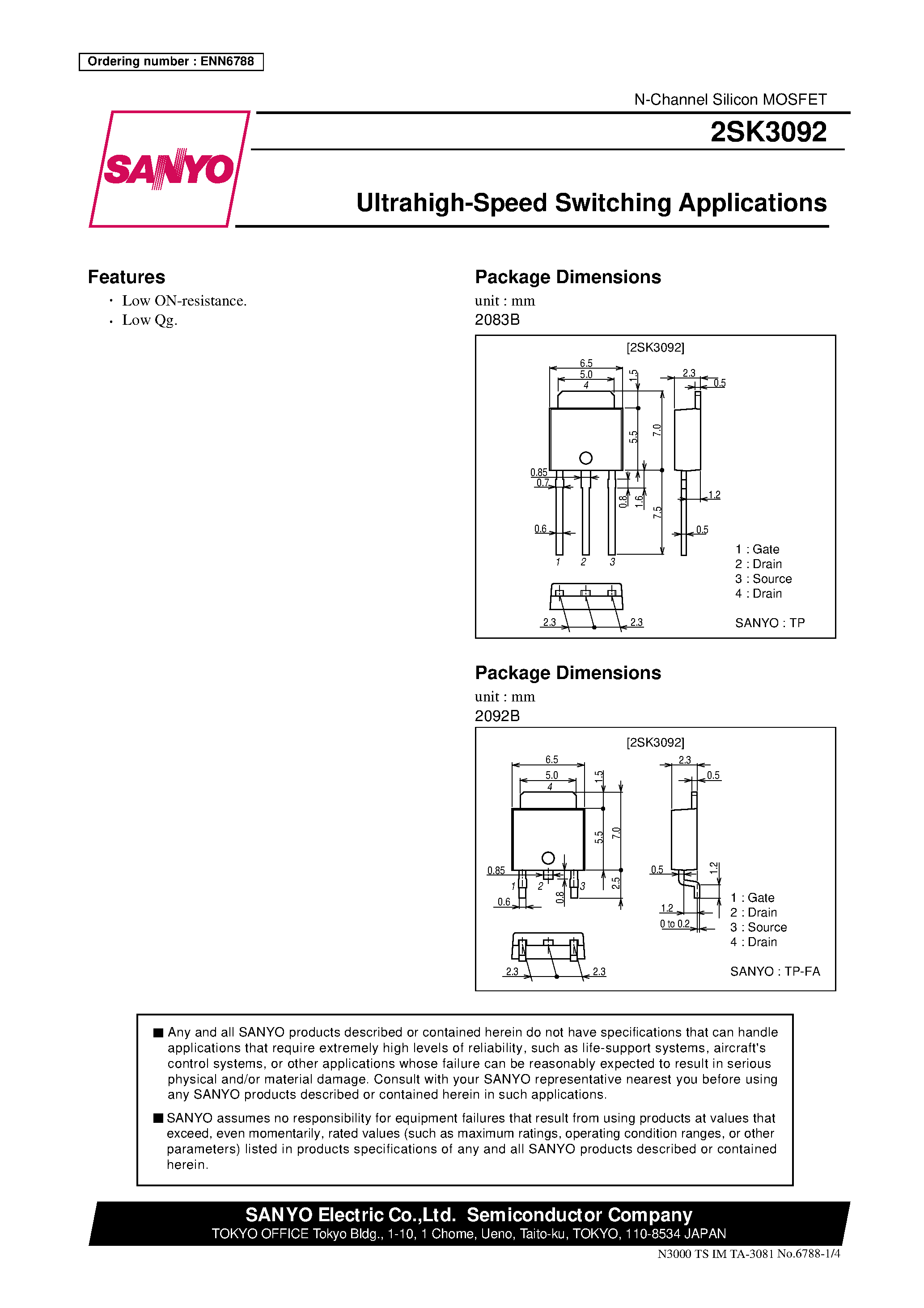 Даташит 2SK3092 - Ultrahigh-Speed Switching Applications страница 1
