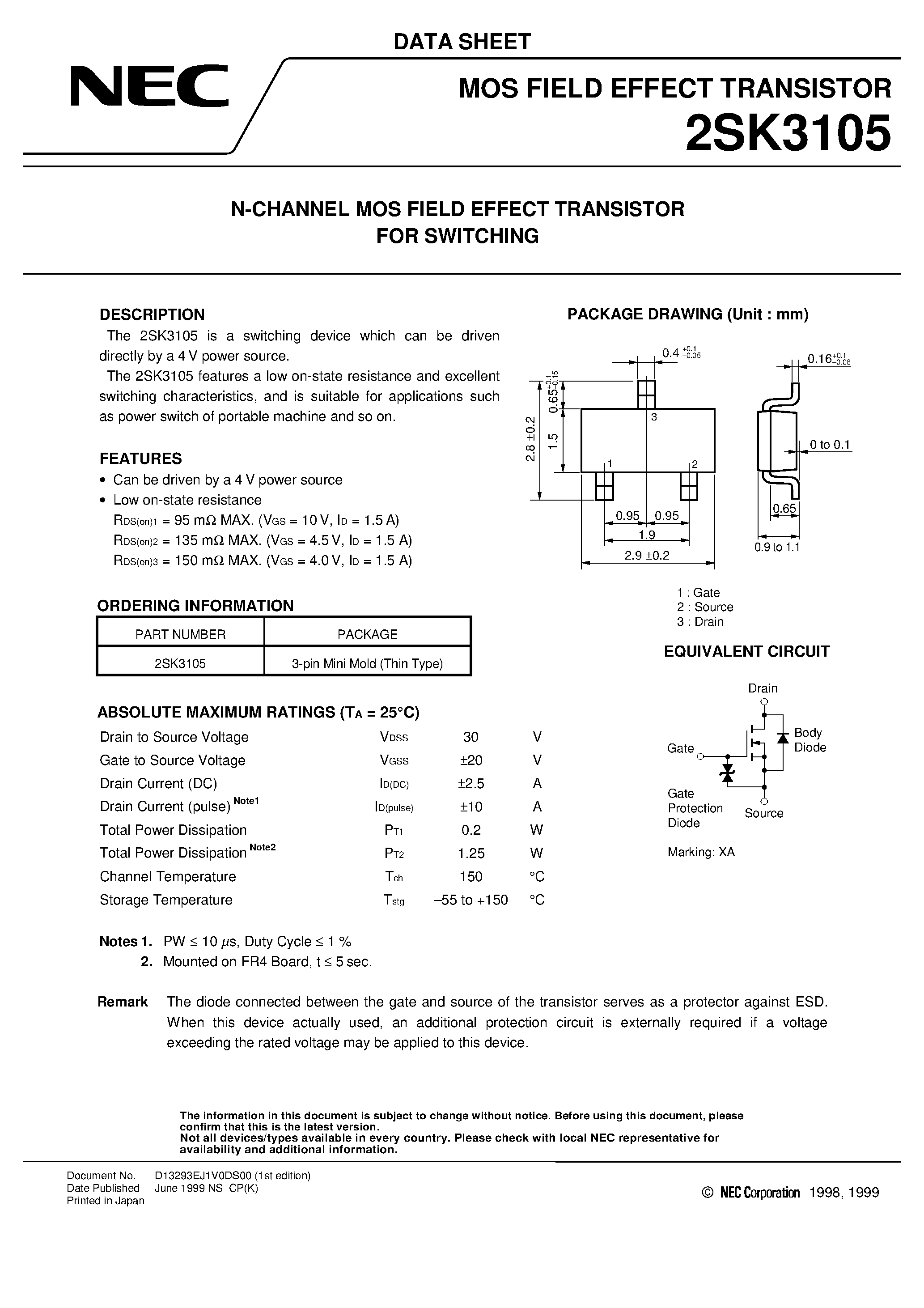Datasheet 2SK3105 - N-CHANNEL MOS FIELD EFFECT TRANSISTOR FOR SWITCHING page 1