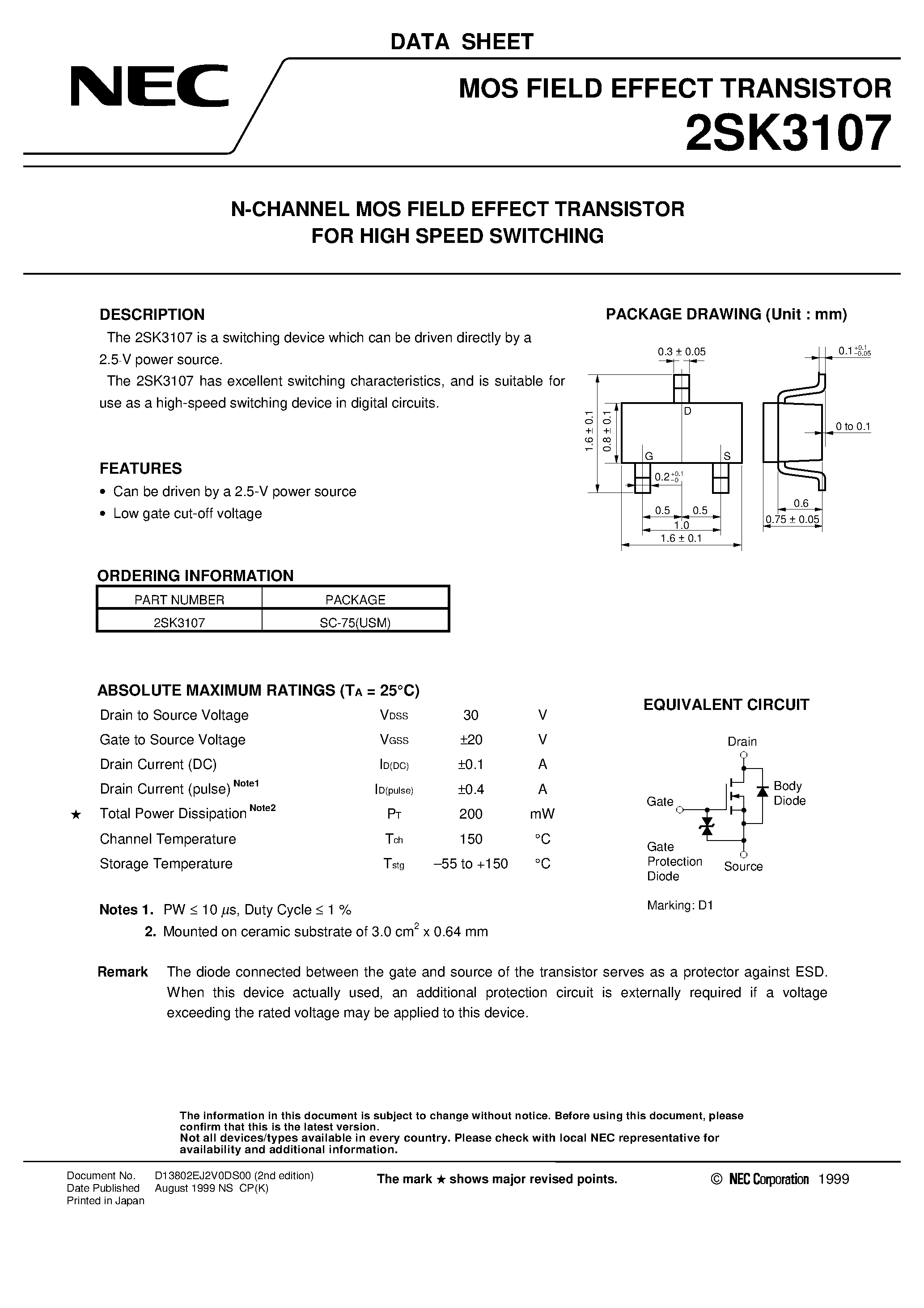 Даташит на микросхему 2SK3107 страница 1 Даташит 2SK3107 - N-CHANNEL MOS FIELD EFFECT TRANSISTOR FOR HIGH SPEED SWITCHING страница 1
