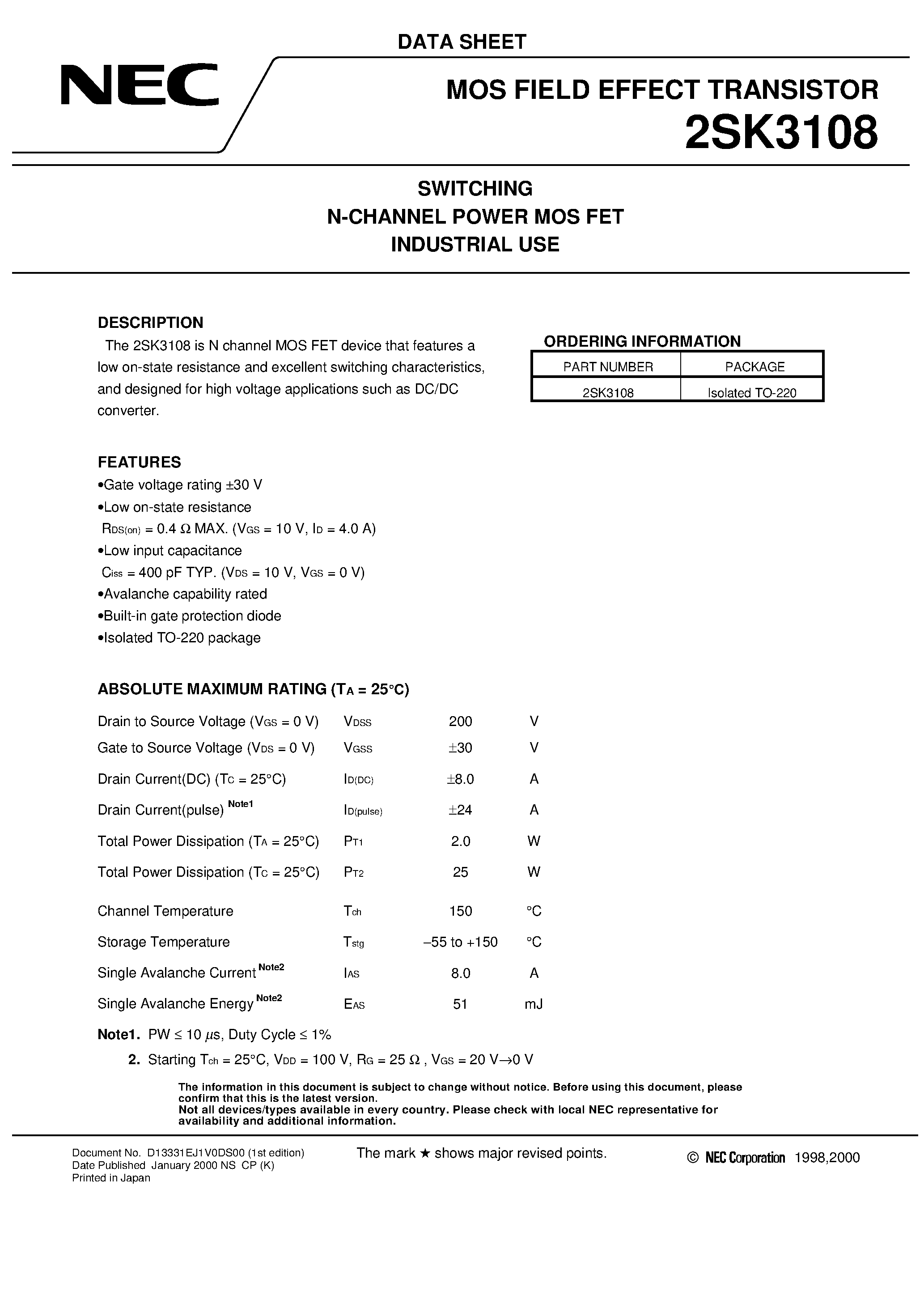 Datasheet 2SK3108 - SWITCHING N-CHANNEL POWER MOS FET INDUSTRIAL USE page 1