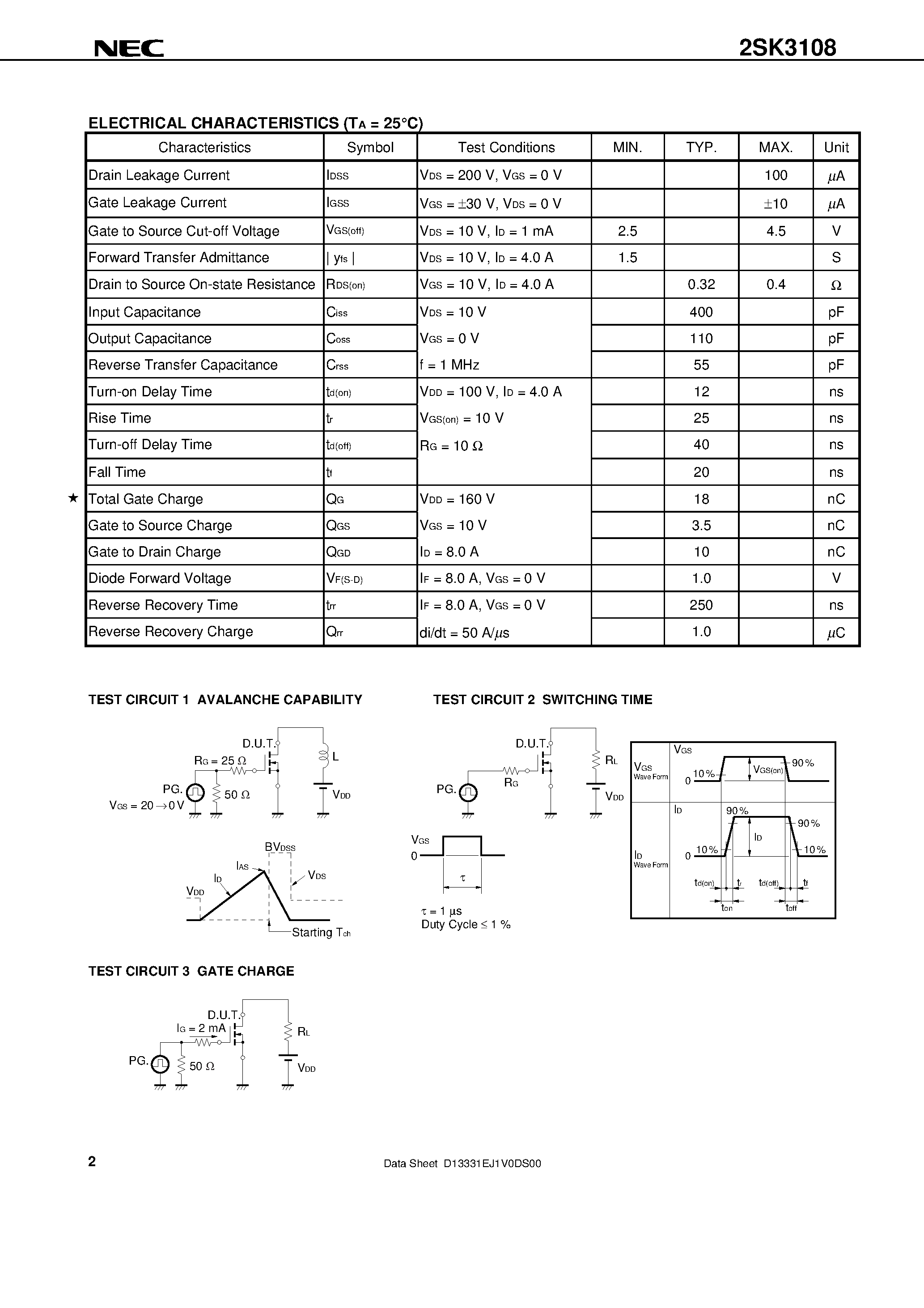 Datasheet 2SK3108 - SWITCHING N-CHANNEL POWER MOS FET INDUSTRIAL USE page 2