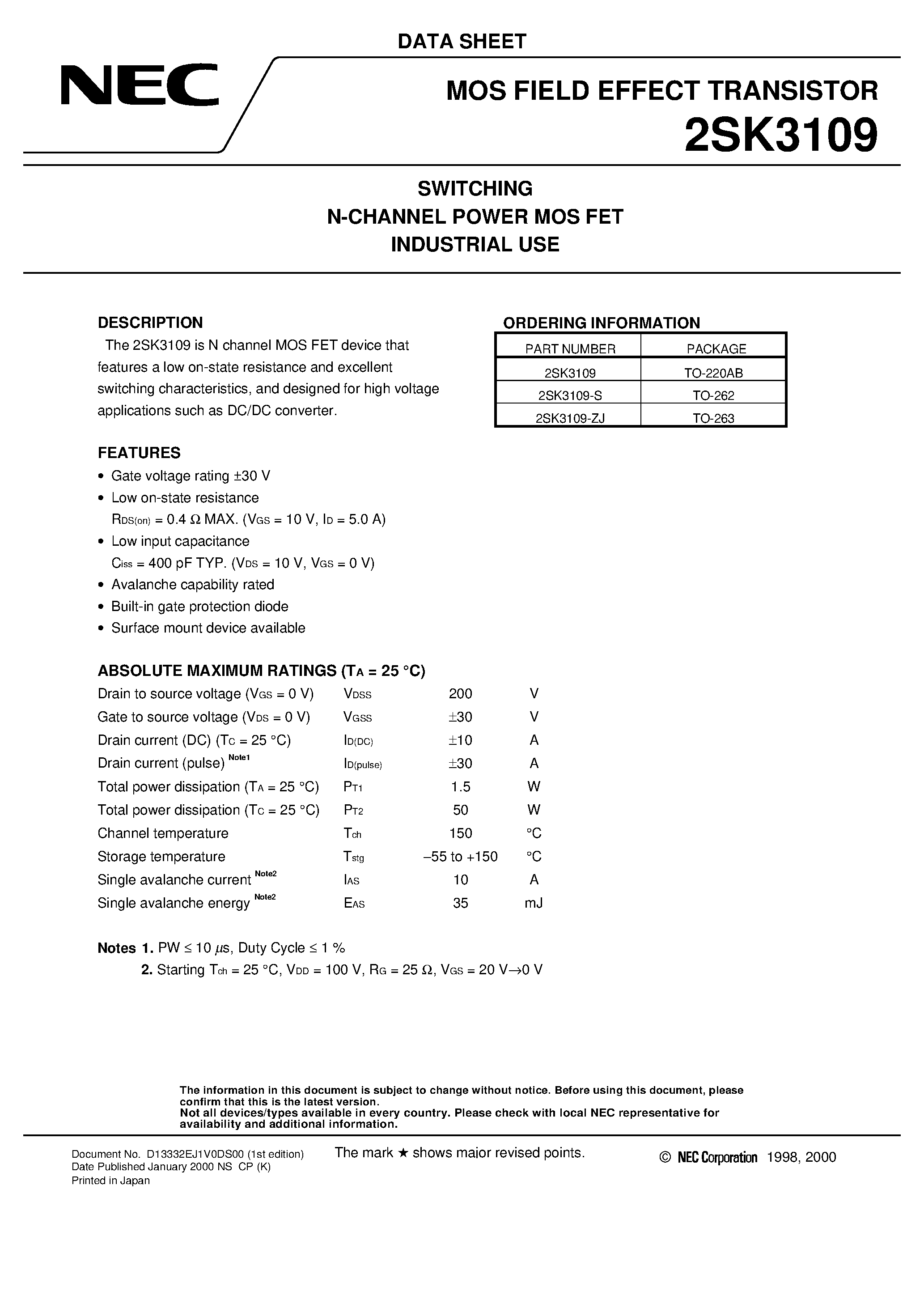 Datasheet 2SK3109-S page 1 Datasheet 2SK3109-S - SWITCHING N-CHANNEL POWER MOS FET INDUSTRIAL USE page 1