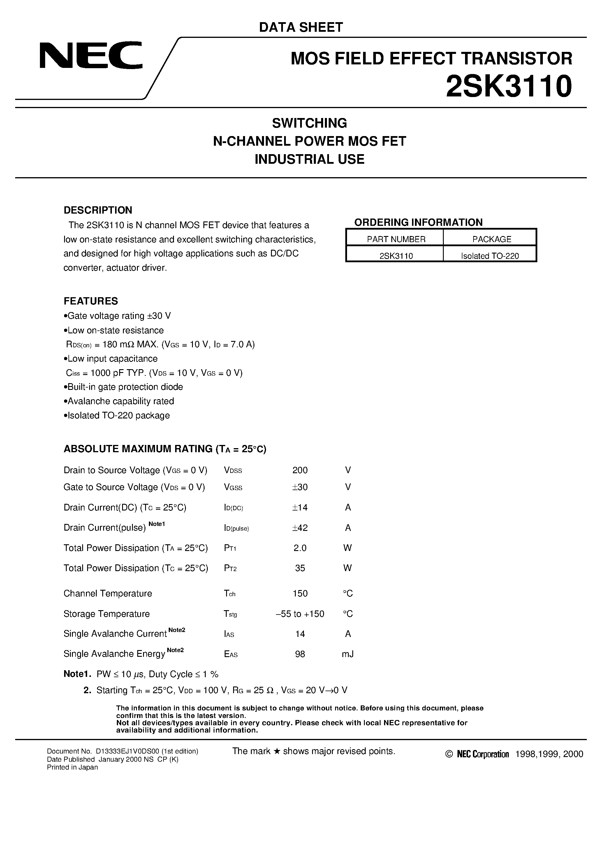 Datasheet 2SK3110 - SWITCHING N-CHANNEL POWER MOS FET INDUSTRIAL USE page 1