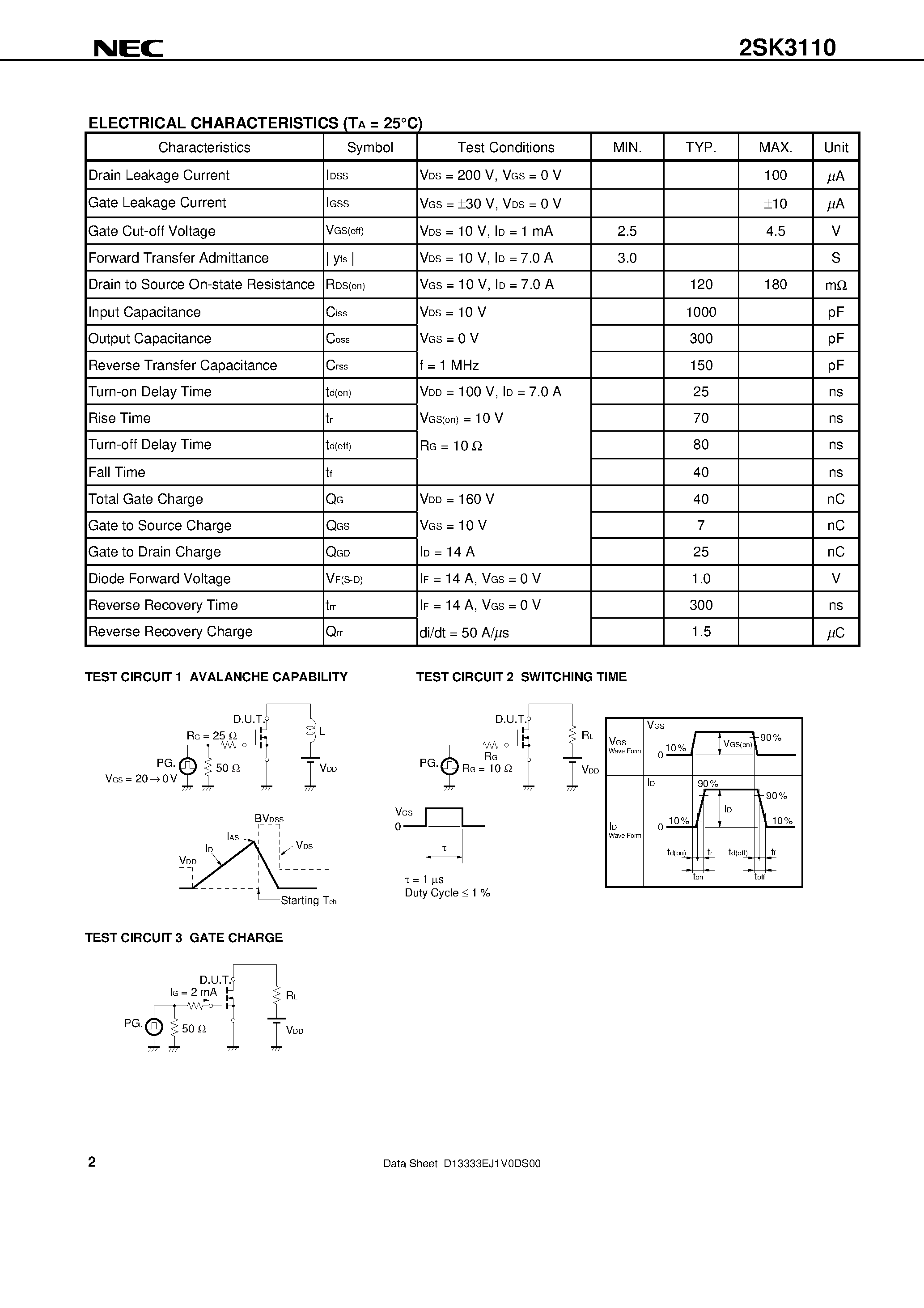 Datasheet 2SK3110 - SWITCHING N-CHANNEL POWER MOS FET INDUSTRIAL USE page 2