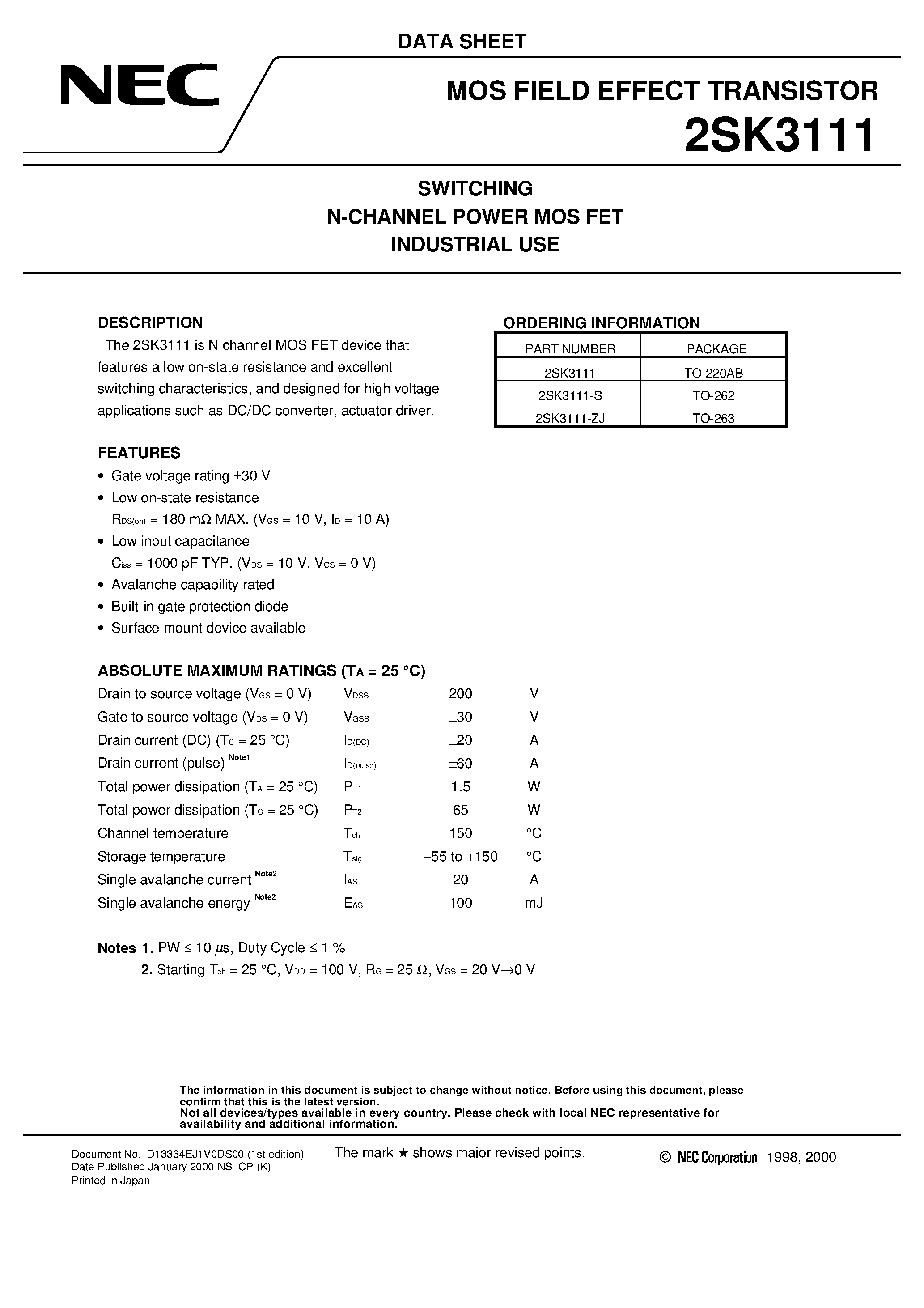 Datasheet 2SK3111-ZJ - SWITCHING N-CHANNEL POWER MOS FET INDUSTRIAL USE page 1