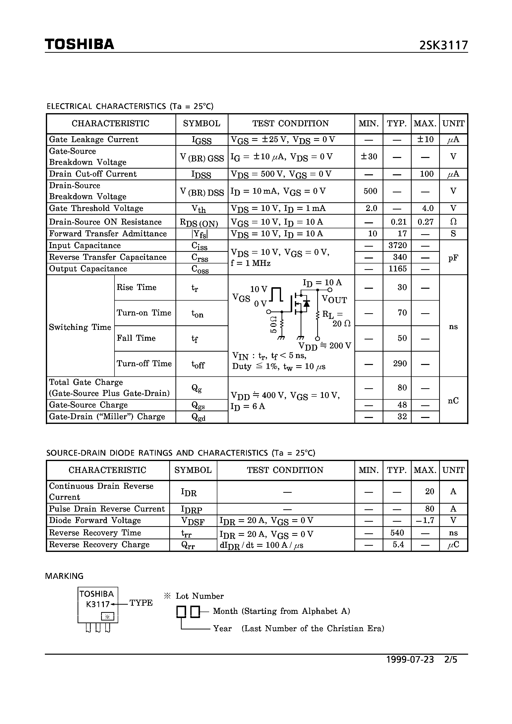 Datasheet 2SK3117 page 2 Datasheet 2SK3117 - N CHANNEL MOS TYPE (LOW NOISE PRE-AMPLIFIER/ TONE CONTROL AMPLIFIER AND DC-AC HIGH INPUT IMPEDANCE AMPLIFIER CIRCUIT APPLICATIONS) page 2