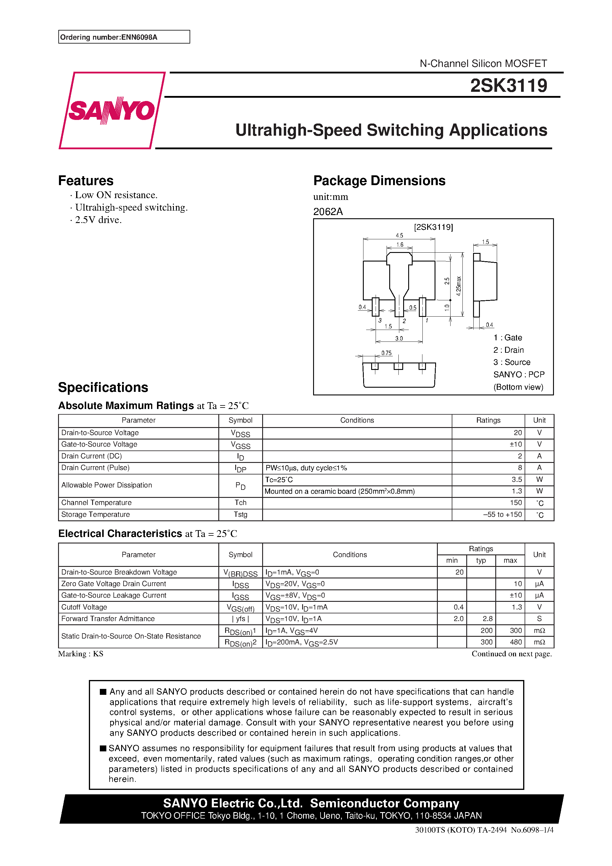 Даташит 2SK3119 - Ultrahigh-Speed Switching Applications страница 1