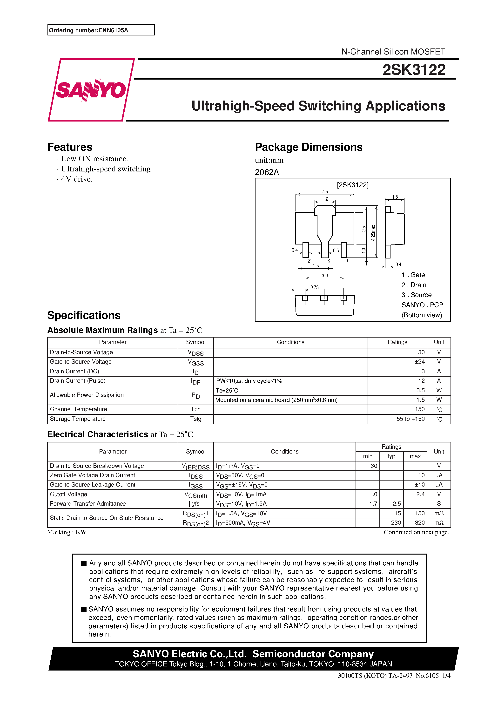 Даташит 2SK3122 - Ultrahigh-Speed Switching Applications страница 1