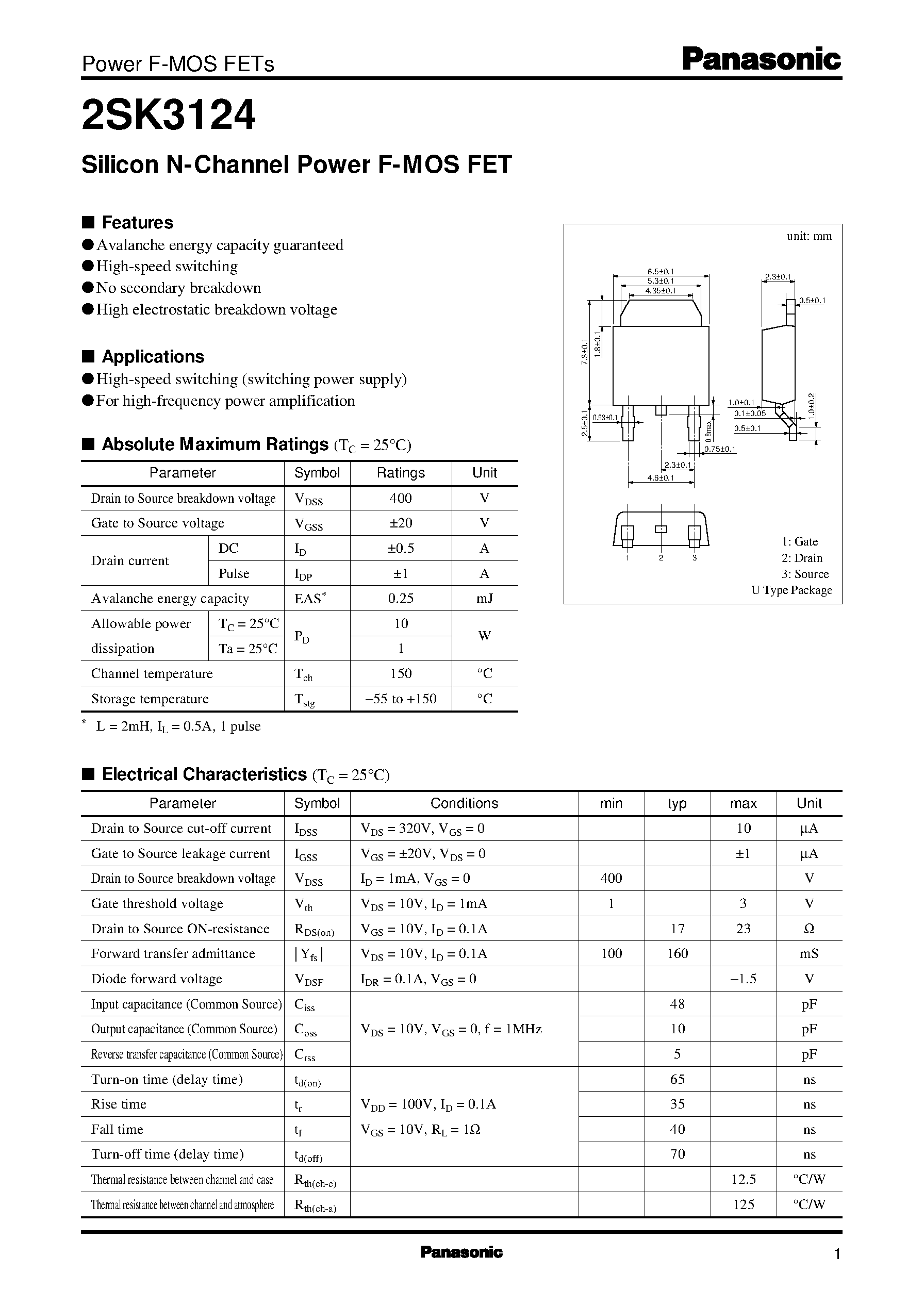 Datasheet 2SK3124 - Silicon N-Channel Power F-MOS FET page 1