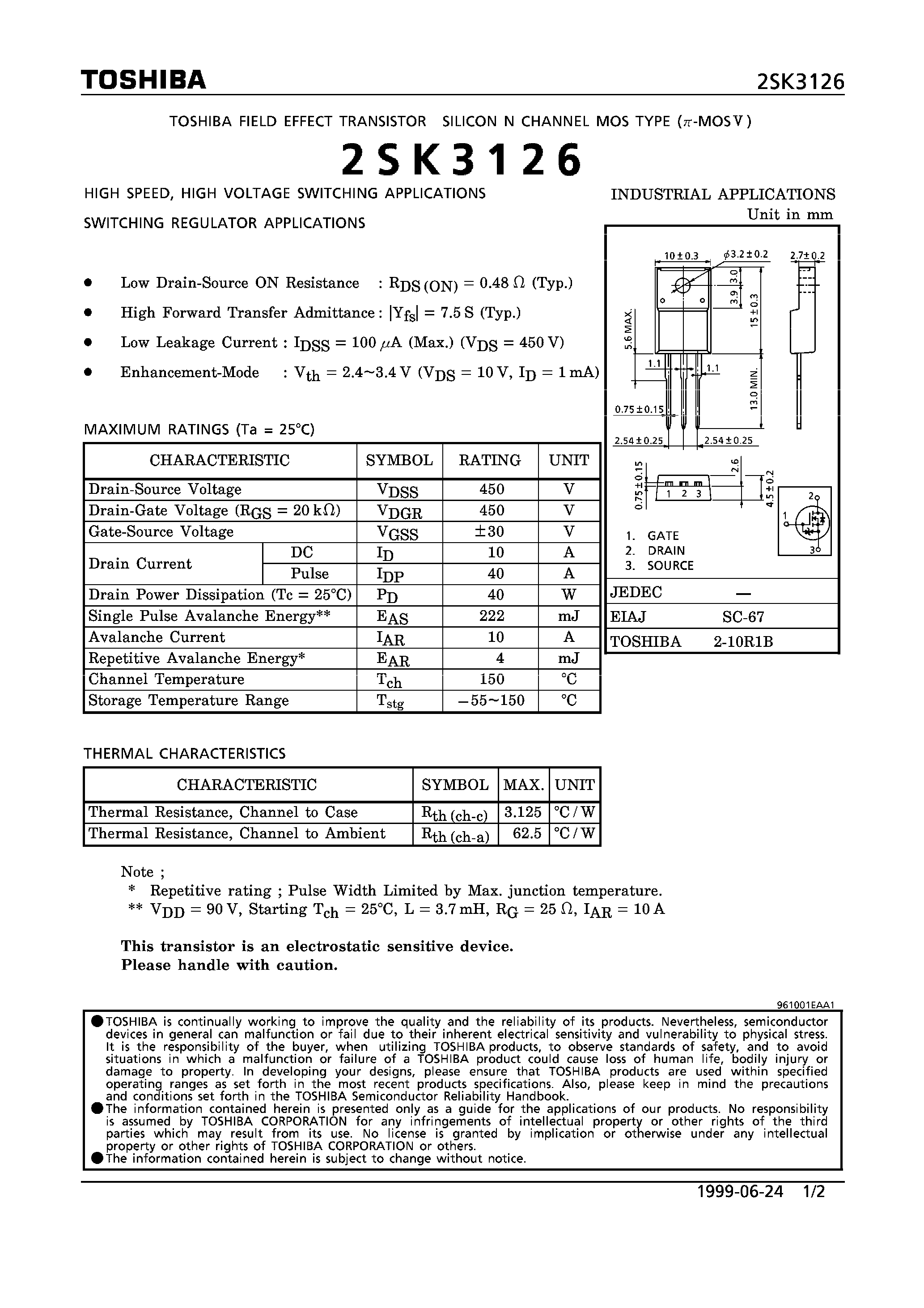 Datasheet 2SK3126 - N CHANNEL MOS TYPE (HIGH SPEED/ HIGH VOLTAGE SWITCHING/ SWITCHING REGULATOR APPLICATIONS) page 1