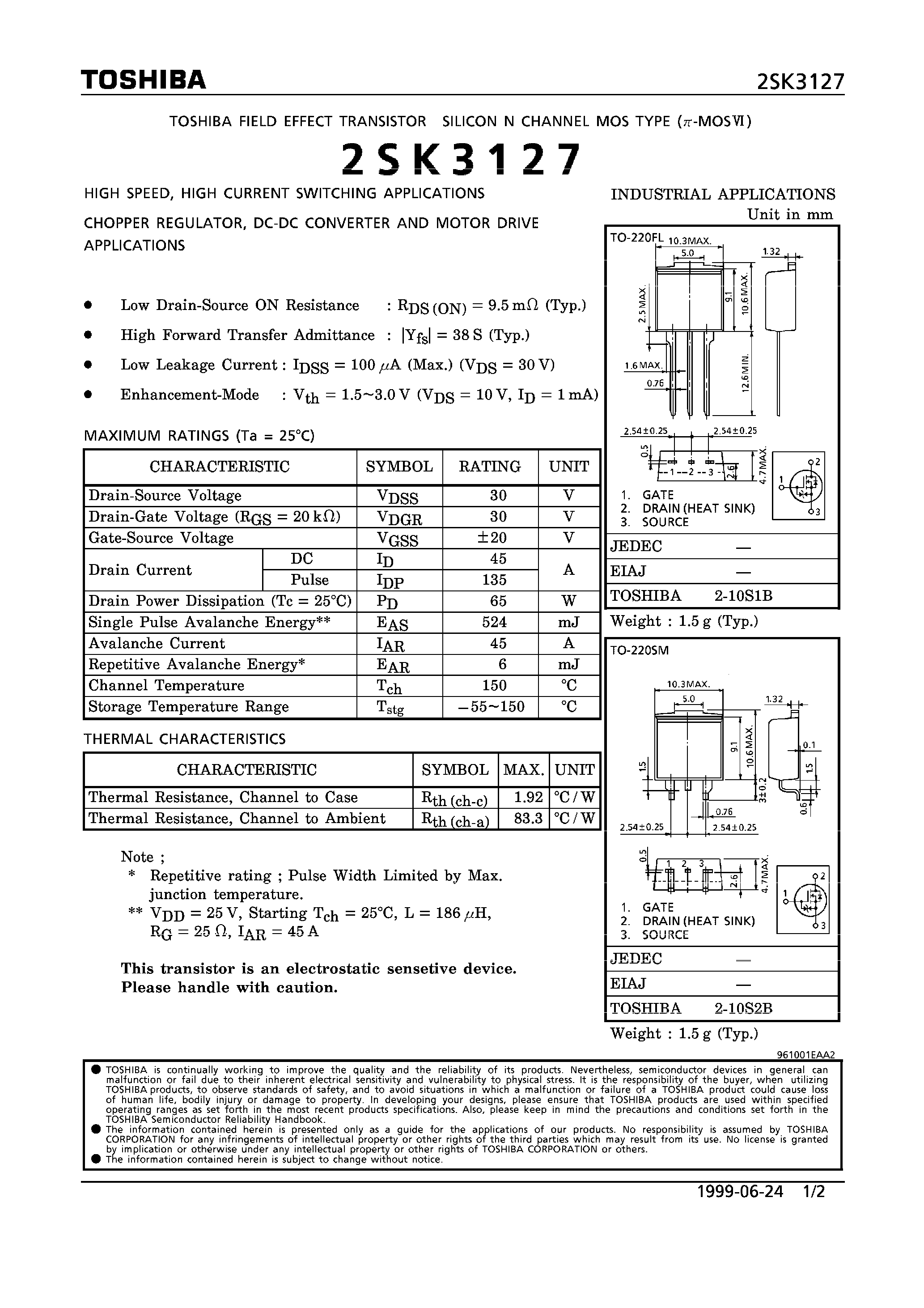 Datasheet 2SK3127 - N CHANNEL MOS TYPE (HIGH SPEED/ HIGH CURRENT SWITCHING/ CHOPPER REGULATOR/ DC-DC CONVERTER AND MOTOR DRIVE APPLICATIONS) page 1