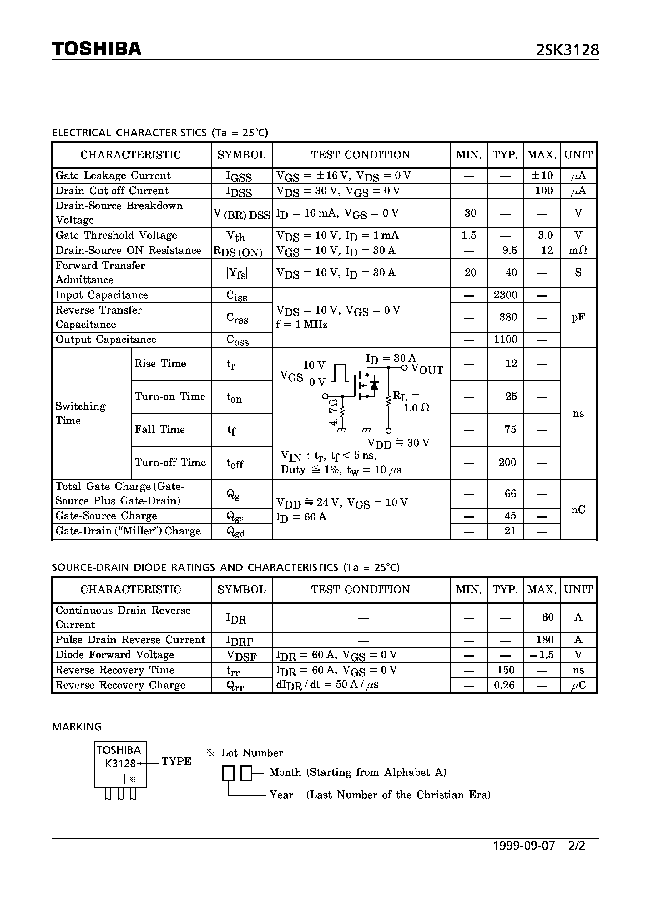 Datasheet 2SK3128 page 2 Datasheet 2SK3128 - N CHANNEL MOS TYPE (HIGH SPEED/ HIGH CURRENT SWITCHING/ CHOPPER REGULATOR/ DC-DC CONVERTER AND MOTOR DRIVE APPLICATIONS) page 2