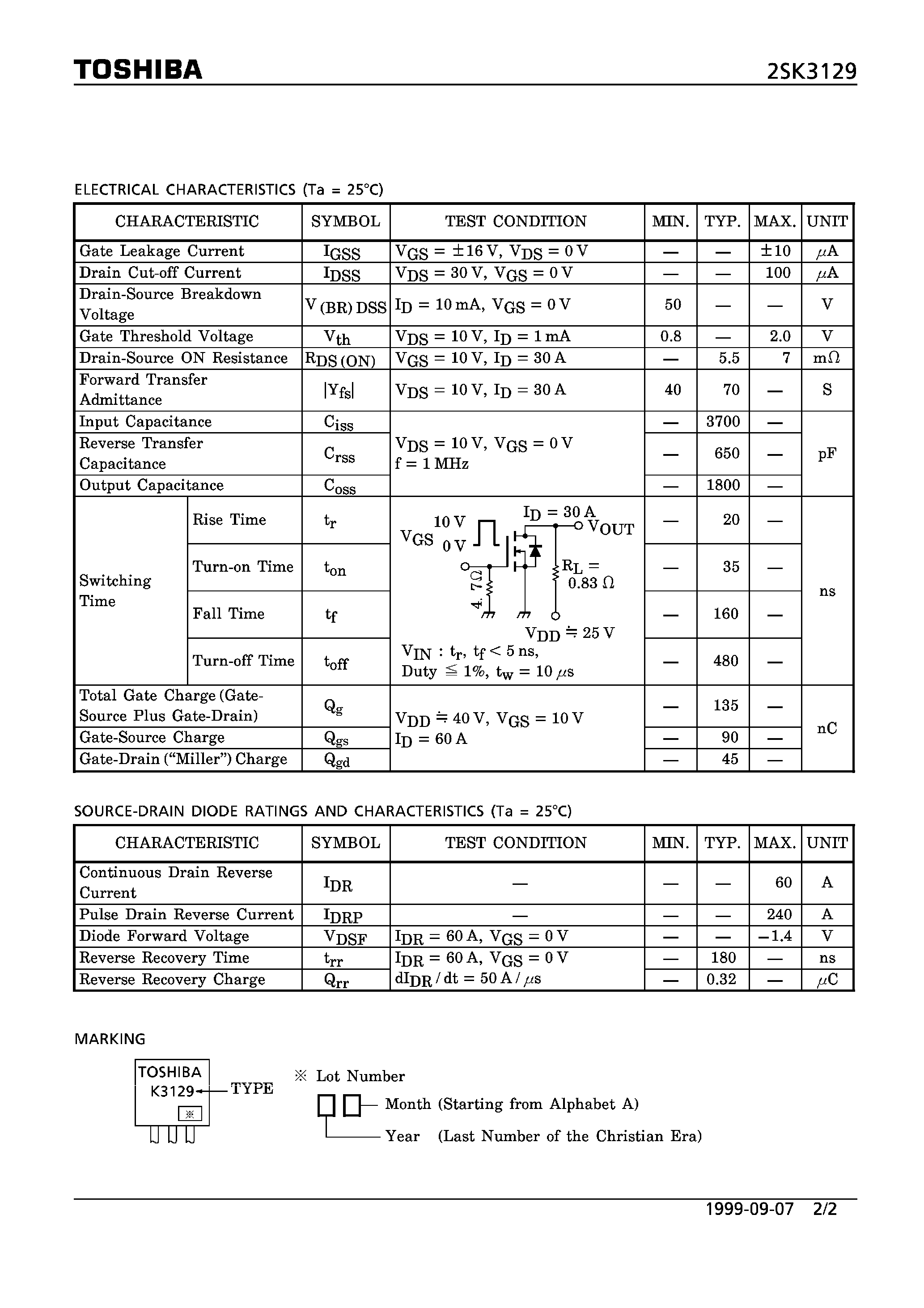 Datasheet 2SK3129 - N CHANNEL MOS TYPE (HIGH SPEED/ HIGH CURRENT SWITCHING/ CHOPPER REGULATOR/ DC-DC CONVERTER AND MOTOR DRIVE APPLICATIONS) page 2