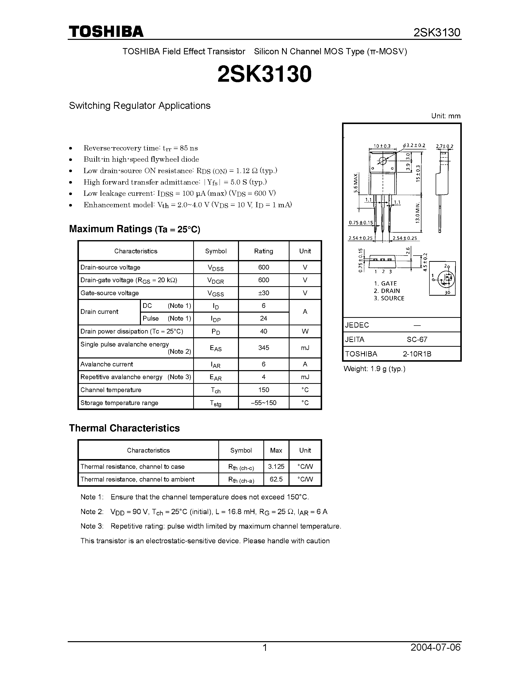 Datasheet 2SK3130 - TOSHIBA Field Effect Transistor Silicon N Channel MOS Type (-MOSV) page 1