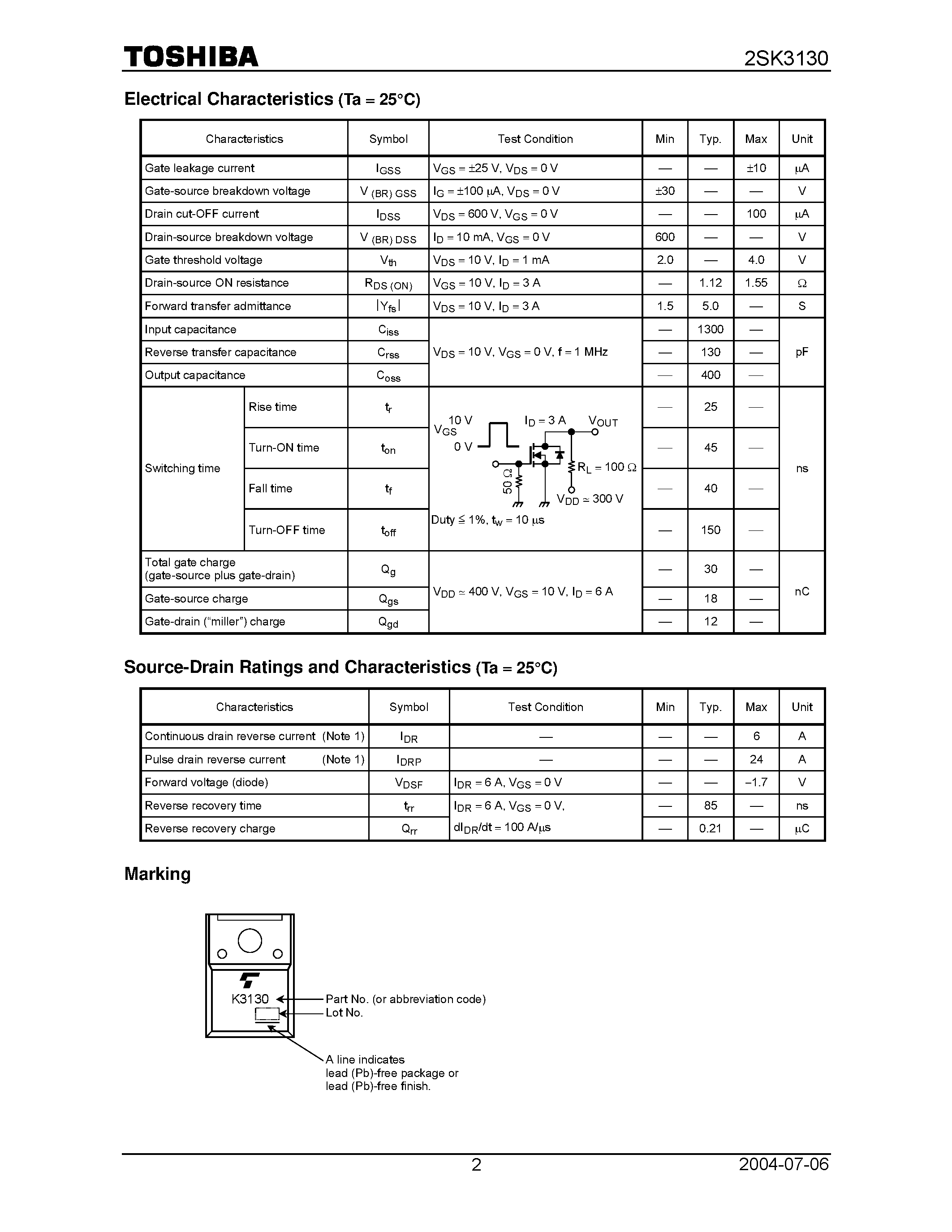 Datasheet 2SK3130 - TOSHIBA Field Effect Transistor Silicon N Channel MOS Type (-MOSV) page 2