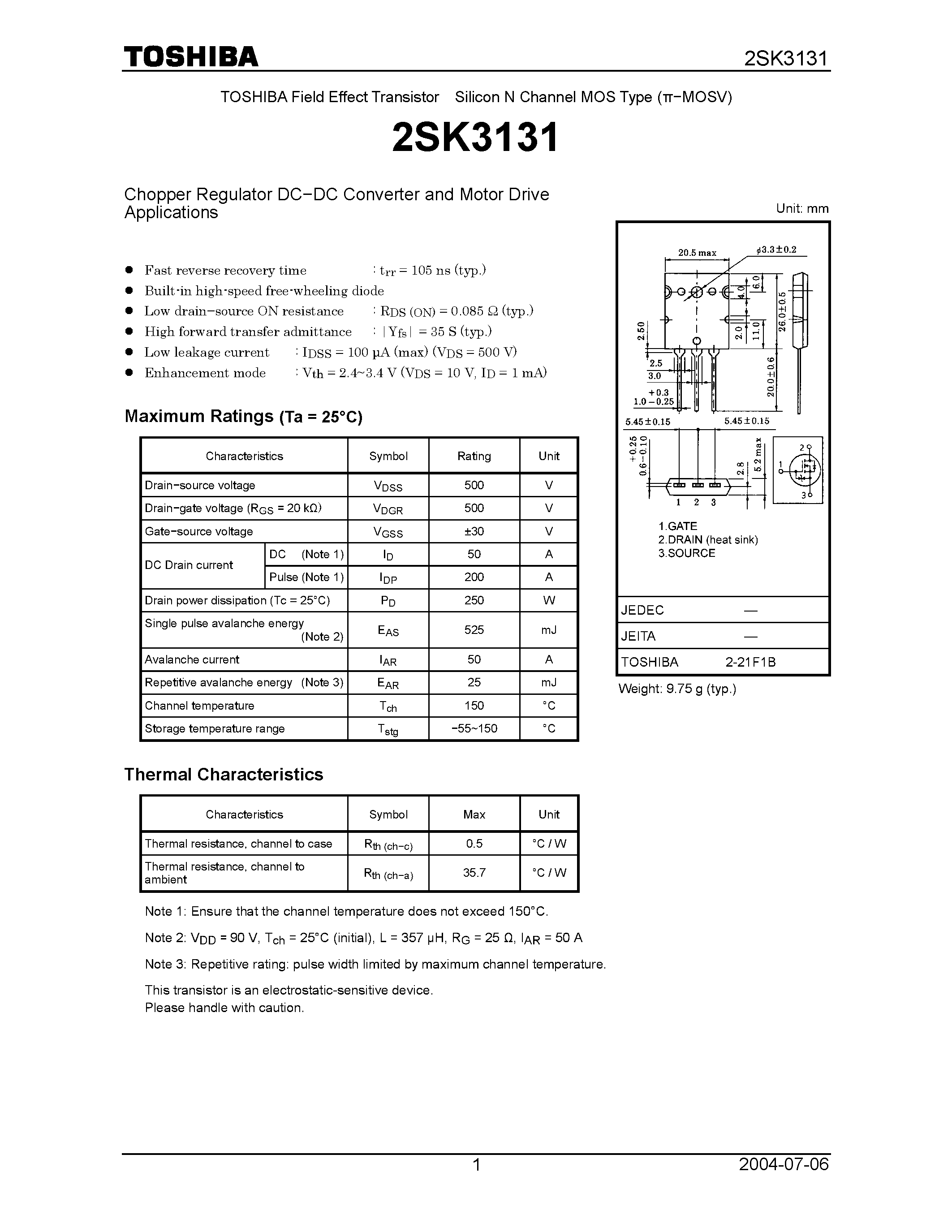 Datasheet 2SK3131 - Field Effect Transistor Silicon N Channel MOS Type page 1