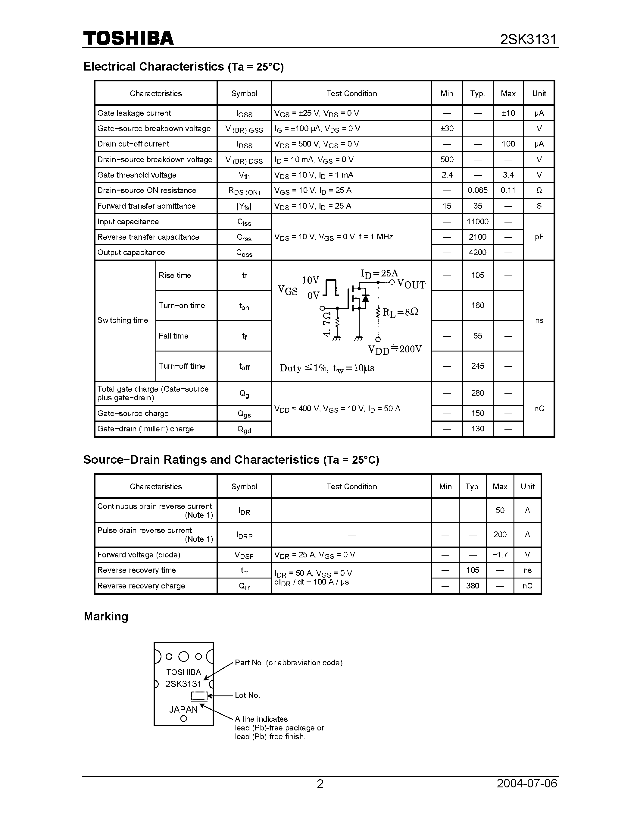 Datasheet 2SK3131 - Field Effect Transistor Silicon N Channel MOS Type page 2