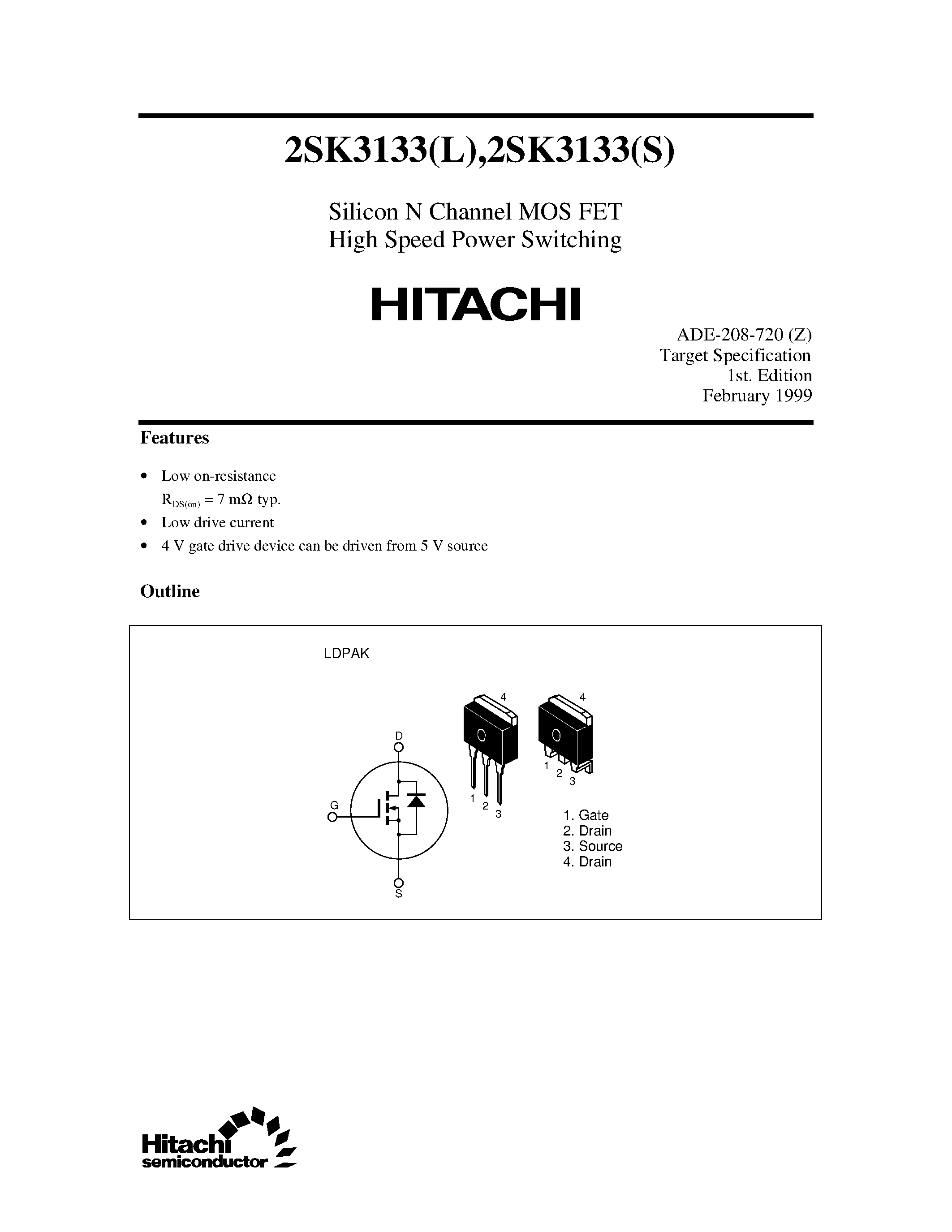 Datasheet 2SK3133 - Silicon N Channel MOS FET High Speed Power Switching page 1