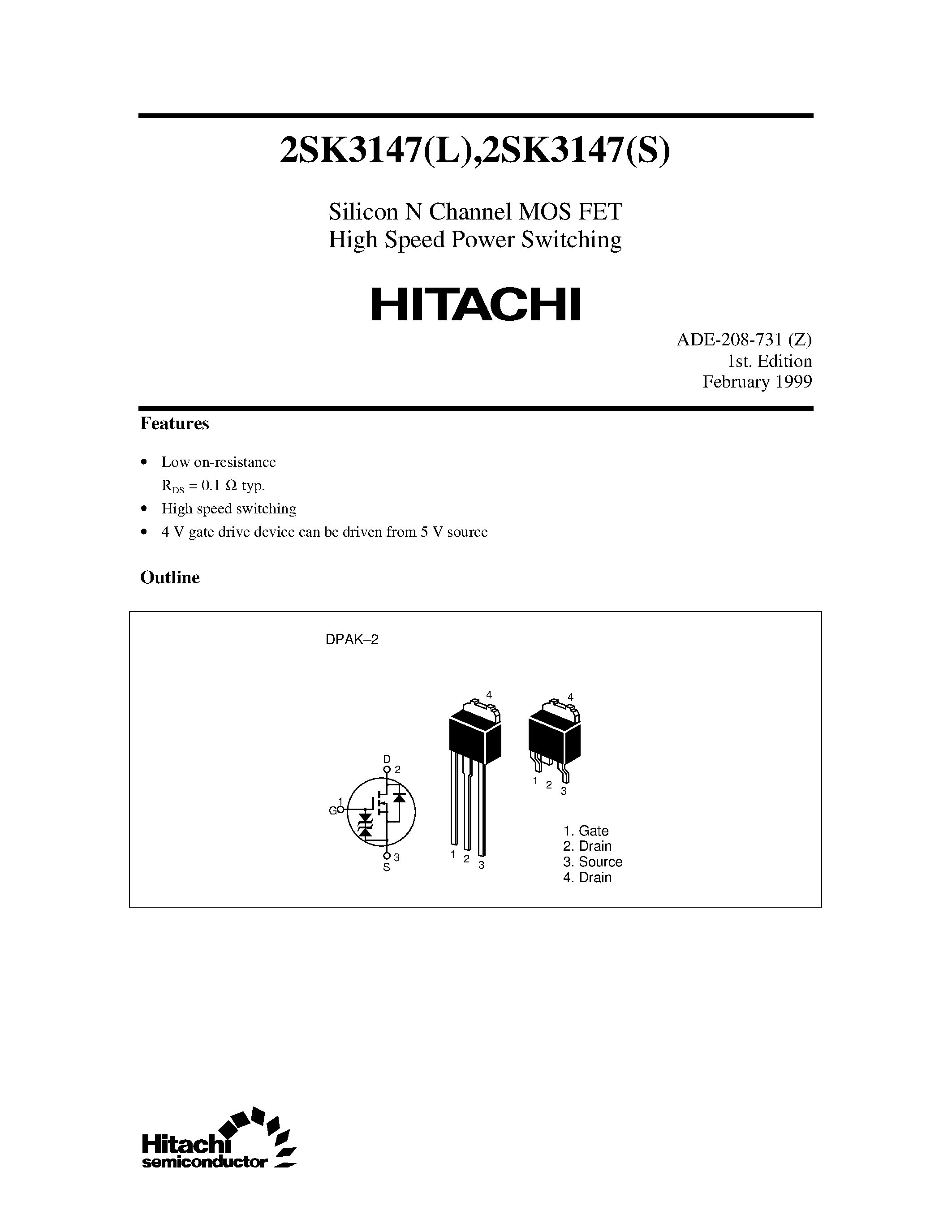 Datasheet 2SK3147 - Silicon N Channel MOS FET High Speed Power Switching page 1
