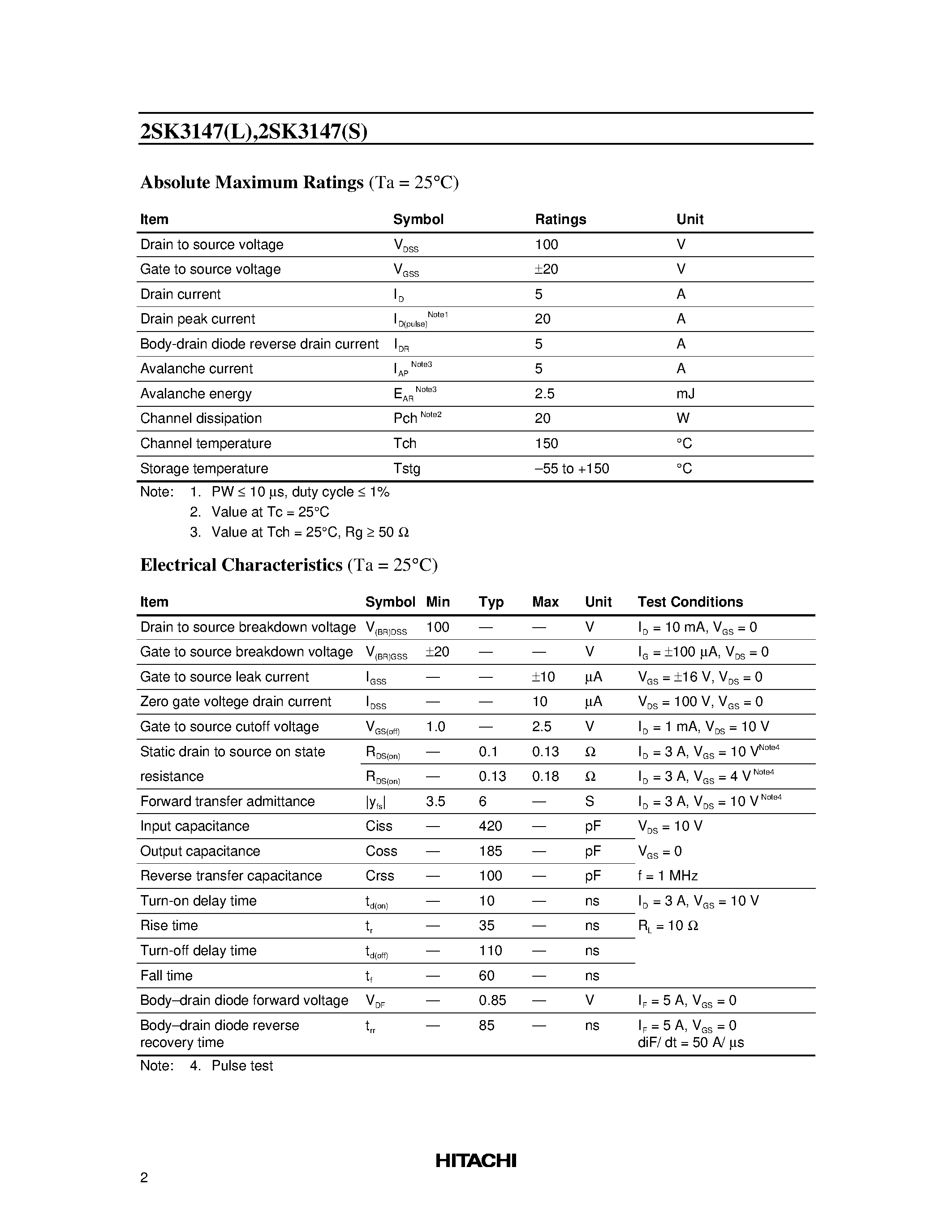 Datasheet 2SK3147S page 2 Datasheet 2SK3147S - Silicon N Channel MOS FET High Speed Power Switching page 2