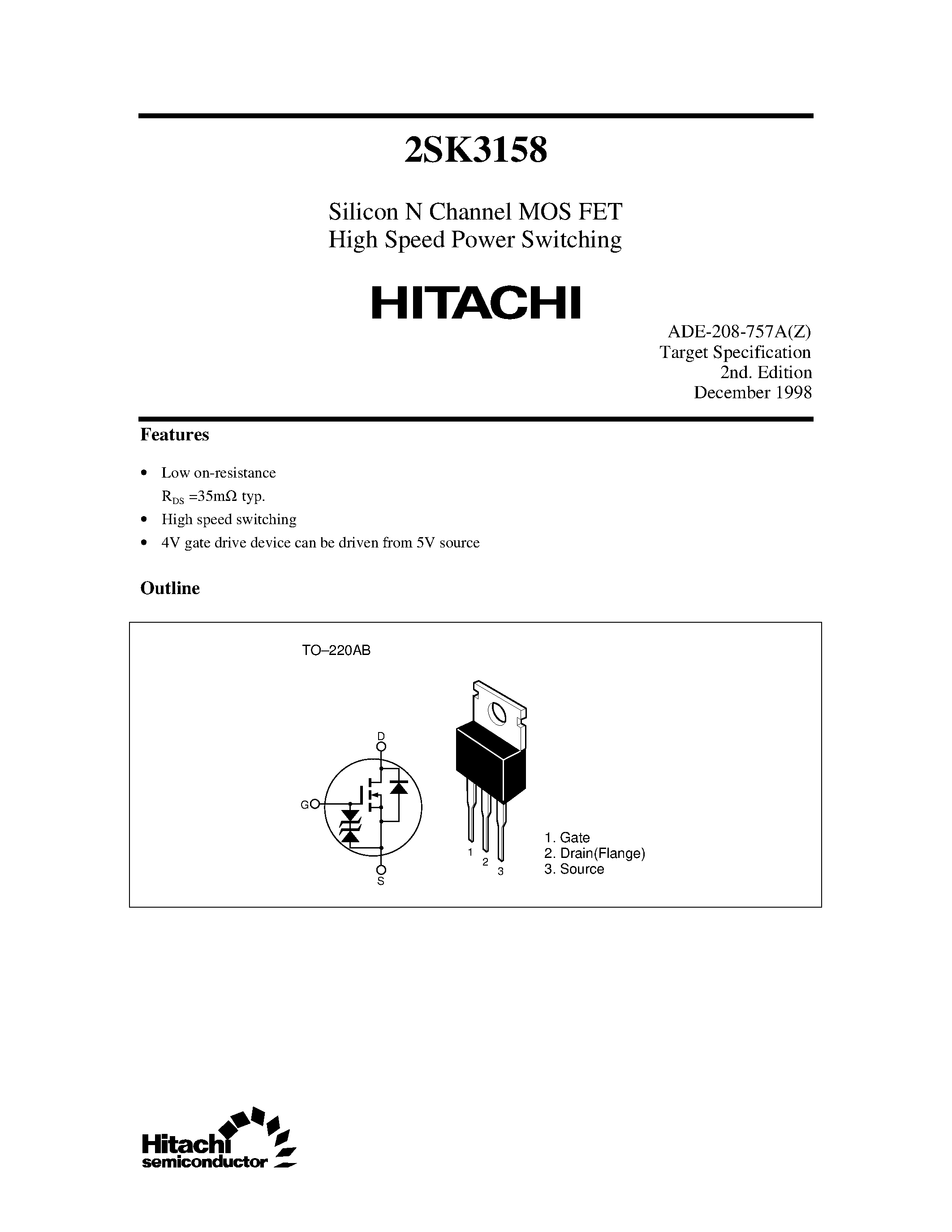 Datasheet 2SK3158 - Silicon N Channel MOS FET High Speed Power Switching page 1