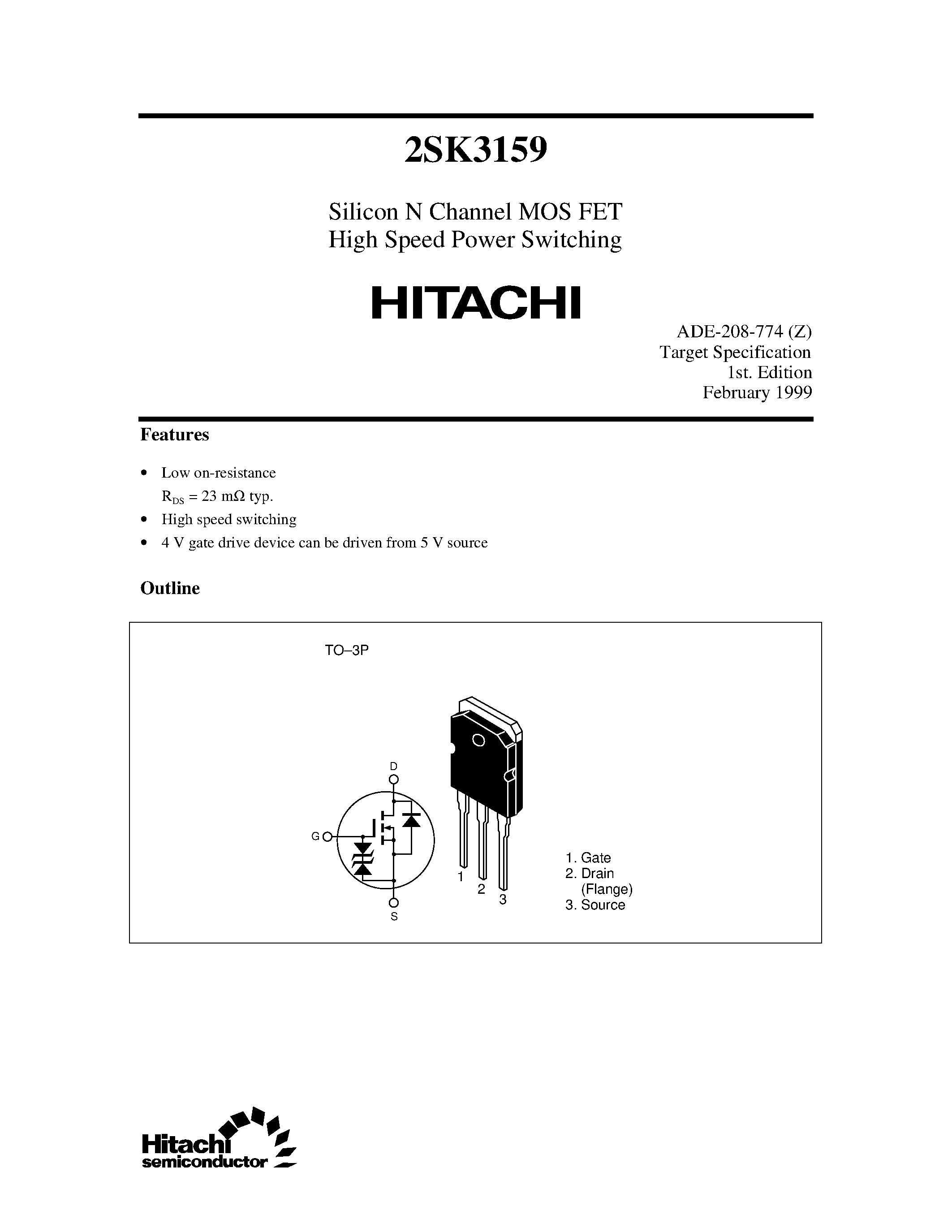 Datasheet 2SK3159 - Silicon N Channel MOS FET High Speed Power Switching page 1