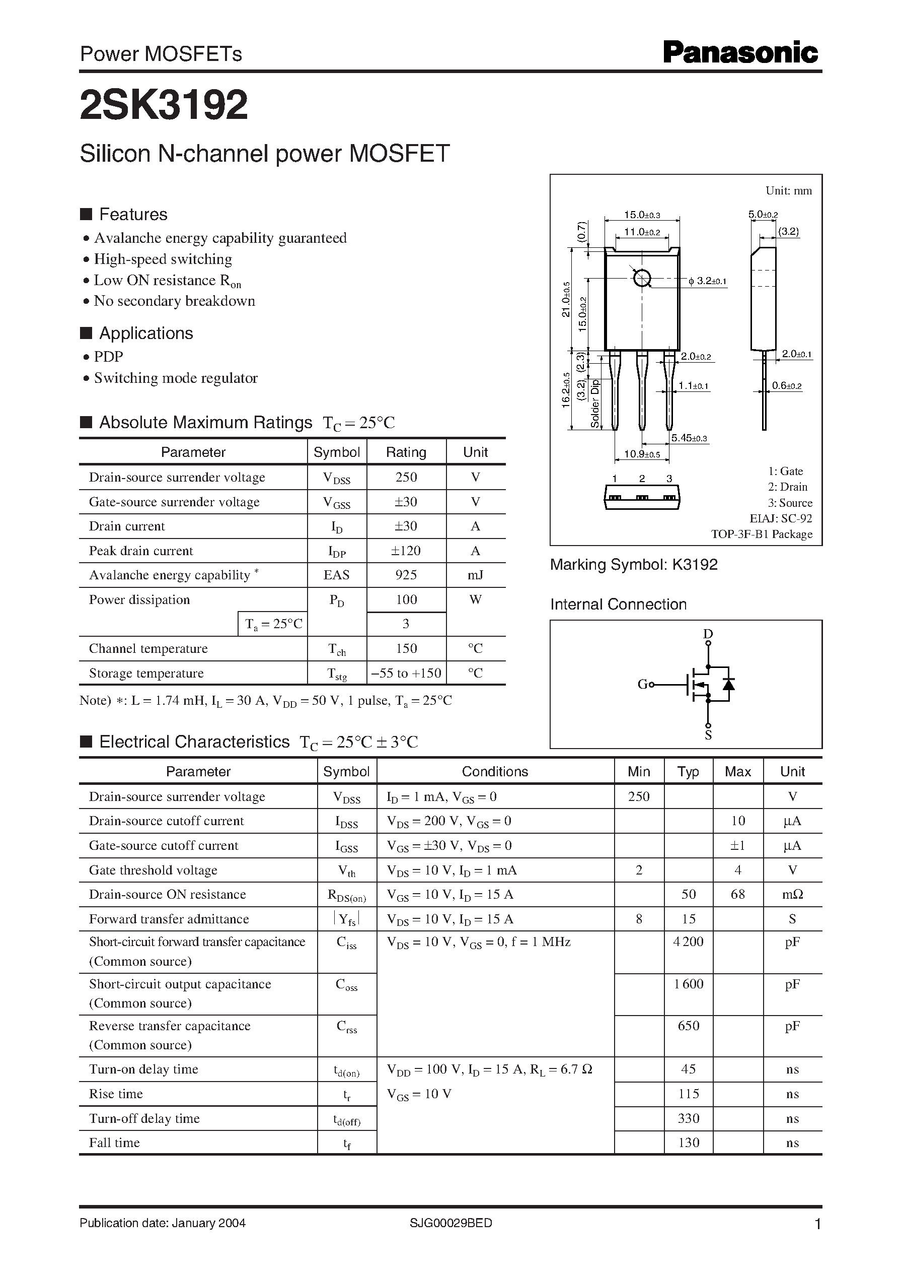 Datasheet 2SK3192 - Silicon N-channel power MOSFET page 1