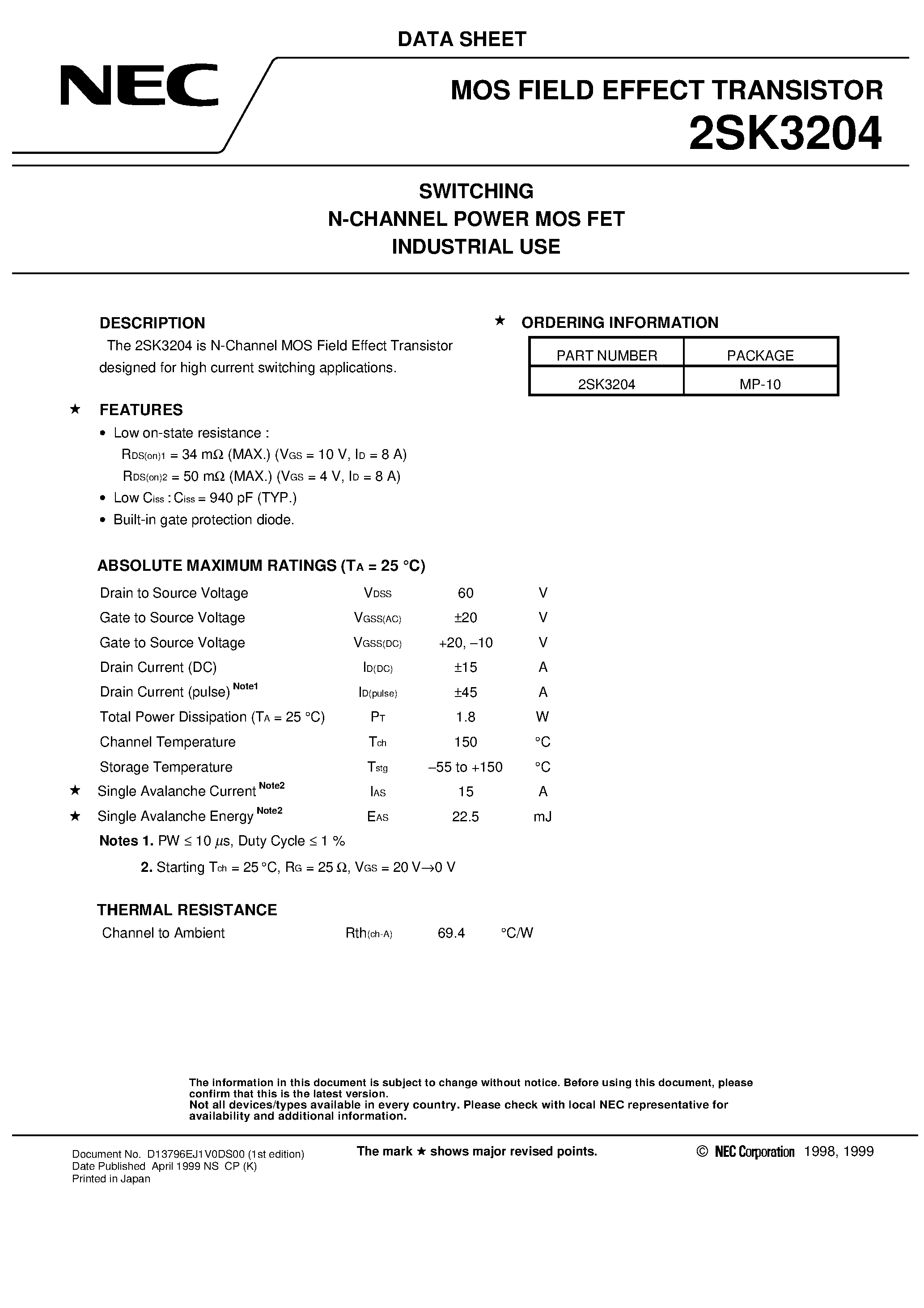 Datasheet 2SK3204 - SWITCHING N-CHANNEL POWER MOS FET INDUSTRIAL USE page 1