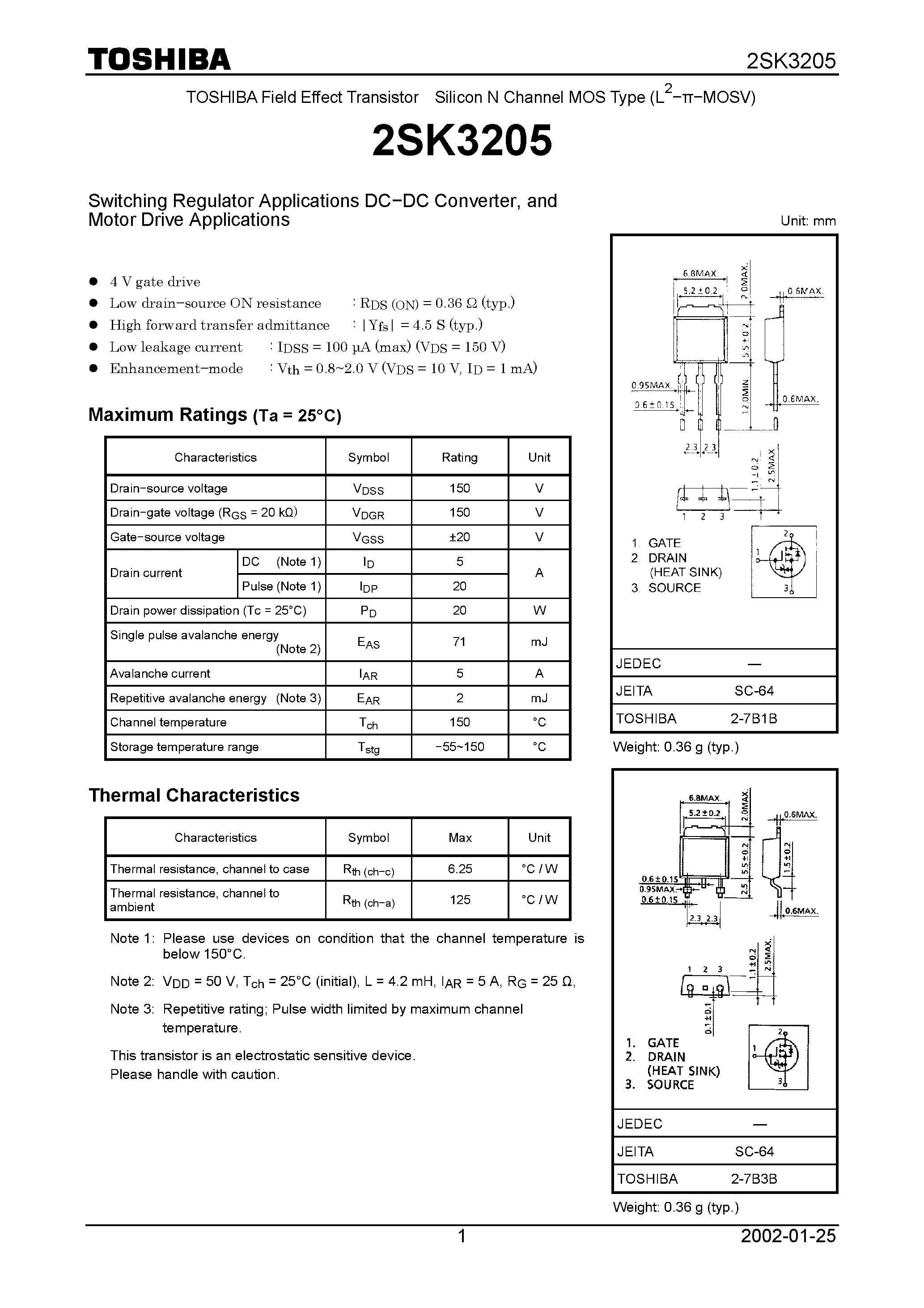 Даташит 2SK3205 - Switching Regulator Applications DC−DC Converter/ and Motor Drive Applications страница 1