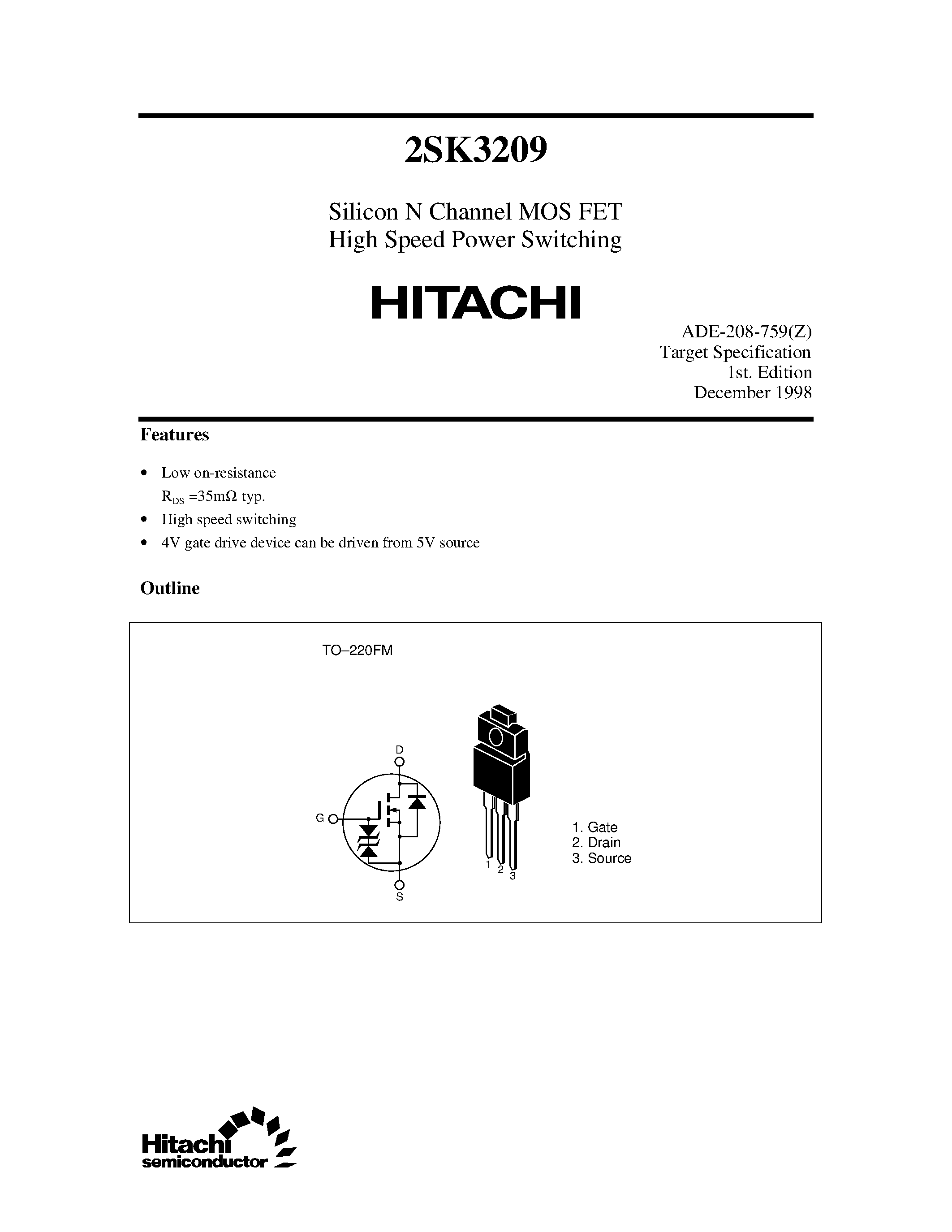 Datasheet 2SK3209 - Silicon N Channel MOS FET High Speed Power Switching page 1