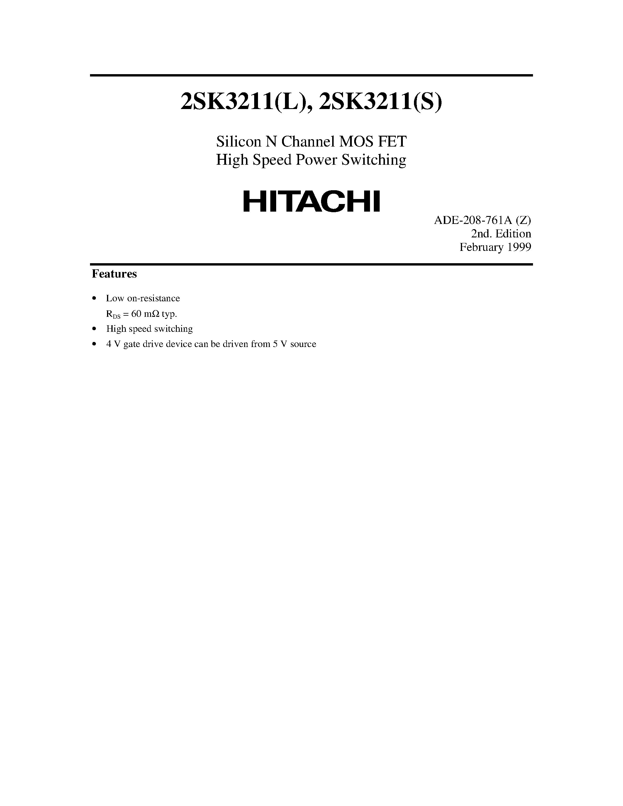 Datasheet 2SK3211S - Silicon N Channel MOS FET High Speed Power Switching page 1