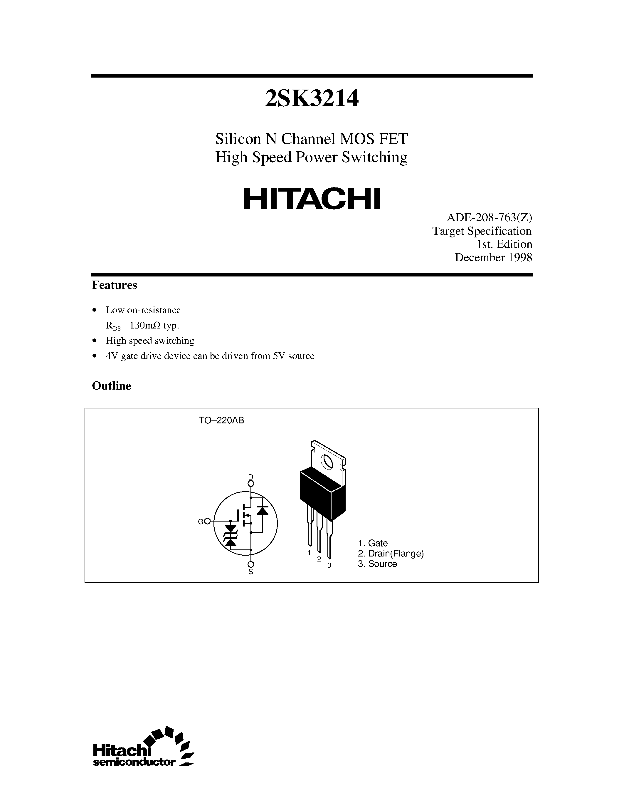 Datasheet 2SK3214 - Silicon N Channel MOS FET High Speed Power Switching page 1