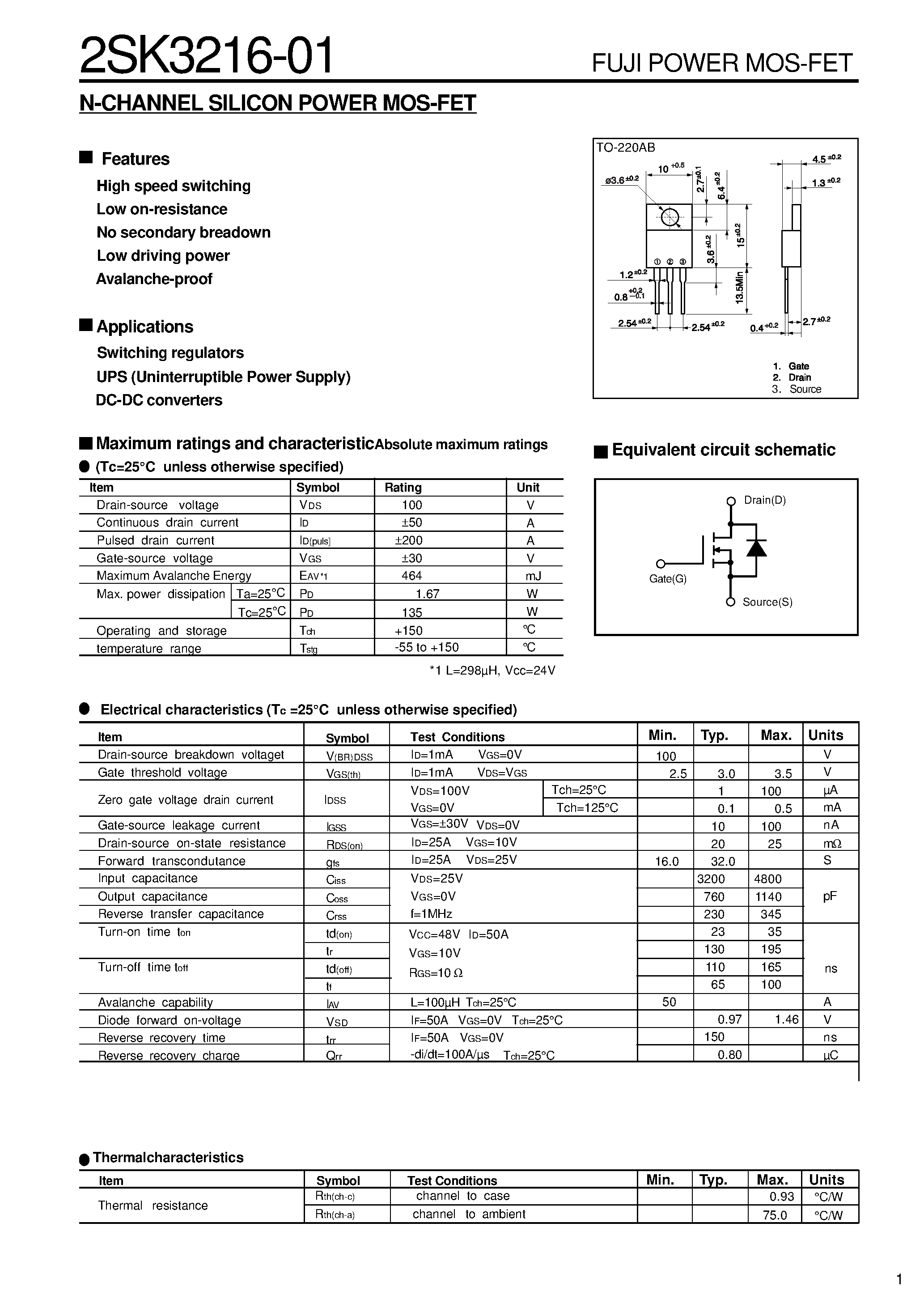 Datasheet 2SK3216-01 page 1 Datasheet 2SK3216-01 - N-CHANNEL SILICON POWER MOS-FET page 1