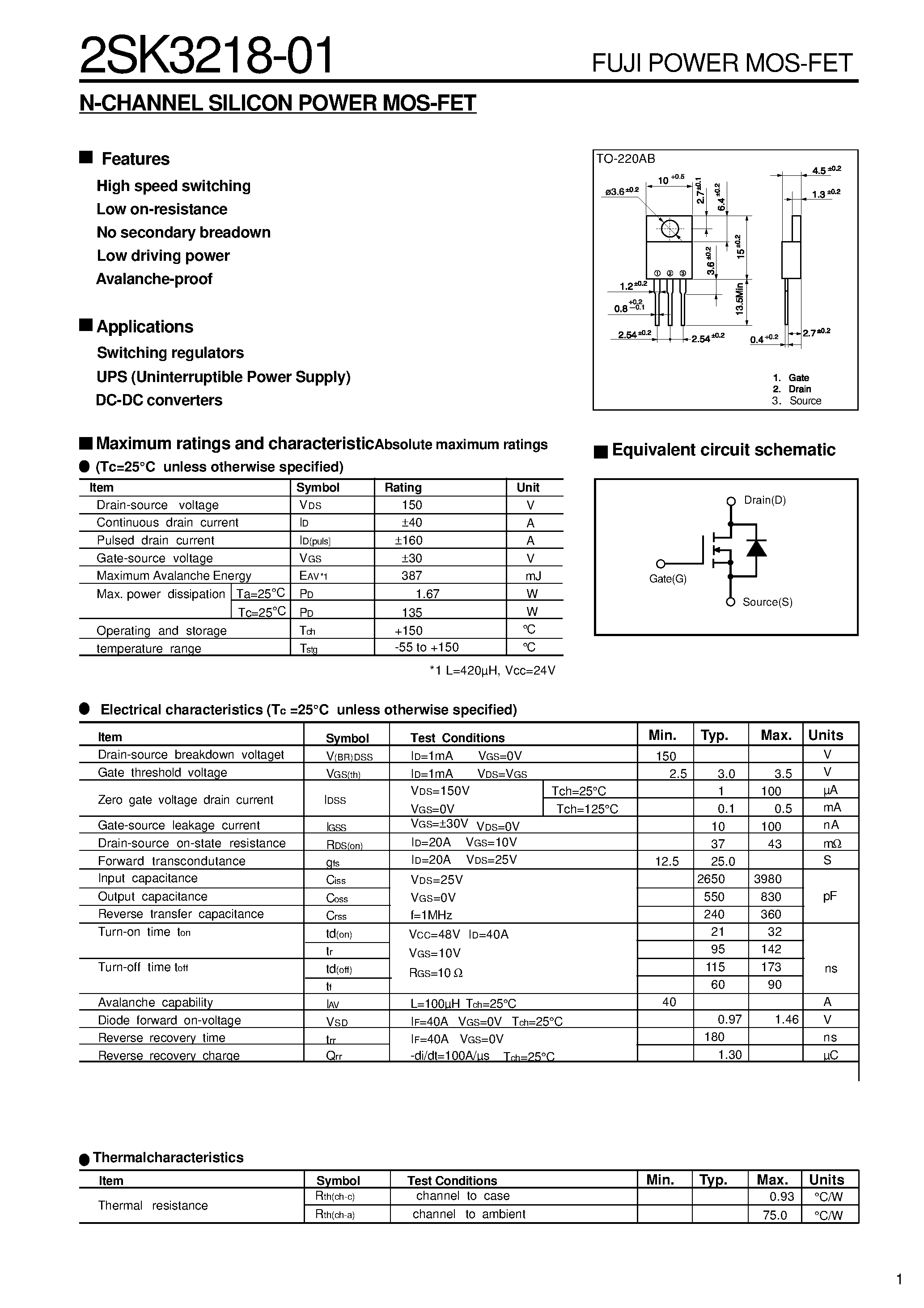 Datasheet 2SK3218-01 page 1 Datasheet 2SK3218-01 - N-CHANNEL SILICON POWER MOS-FET page 1