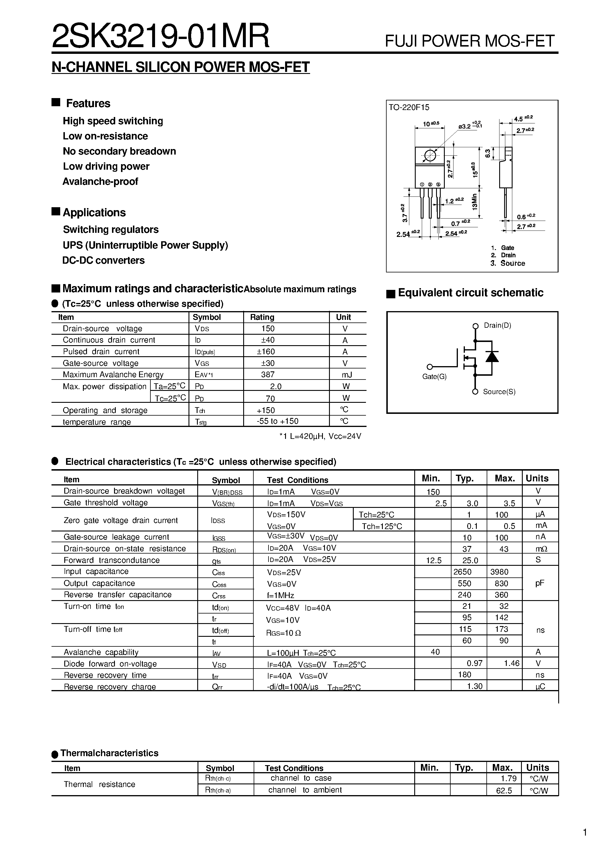 Datasheet 2SK3219-01MR - N-CHANNEL SILICON POWER MOS-FET page 1