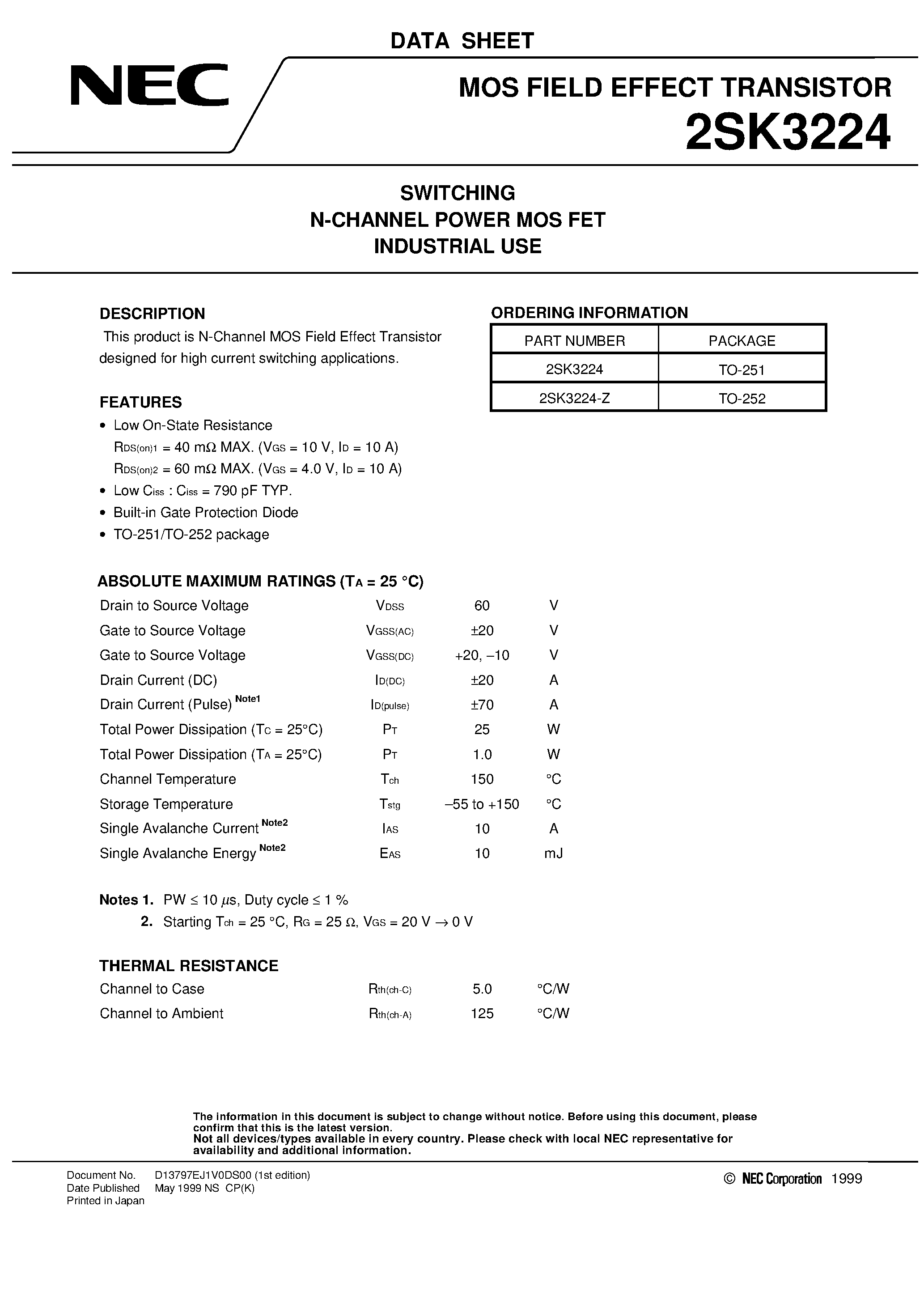 Datasheet 2SK3224 - SWITCHING N-CHANNEL POWER MOS FET INDUSTRIAL USE page 1