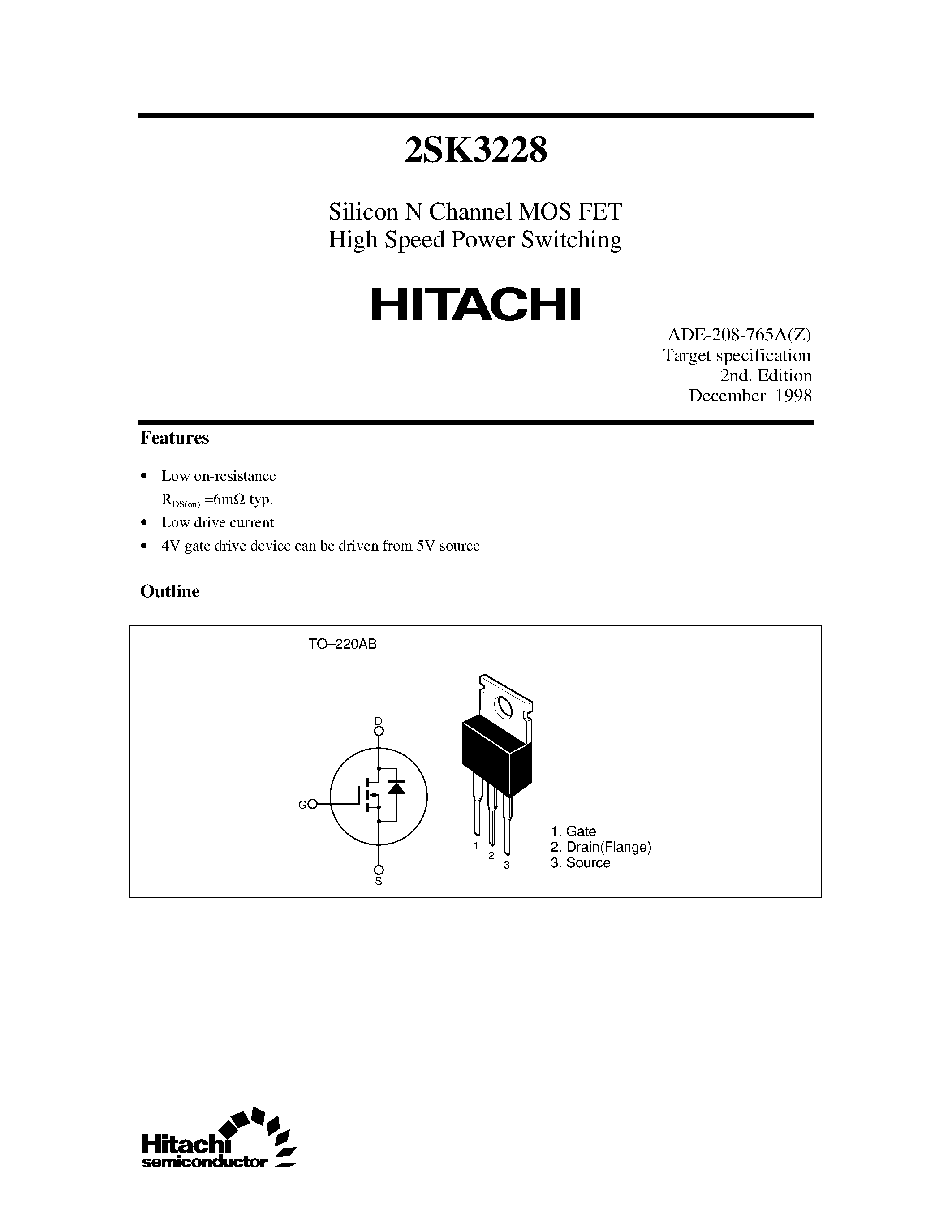 Datasheet 2SK3228 - Silicon N Channel MOS FET High Speed Power Switching page 1