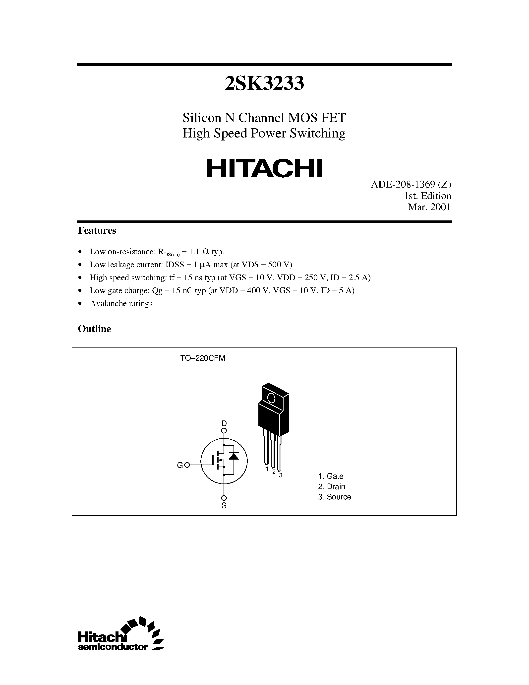 Datasheet 2SK3233 - Silicon N Channel MOS FET High Speed Power Switching page 1