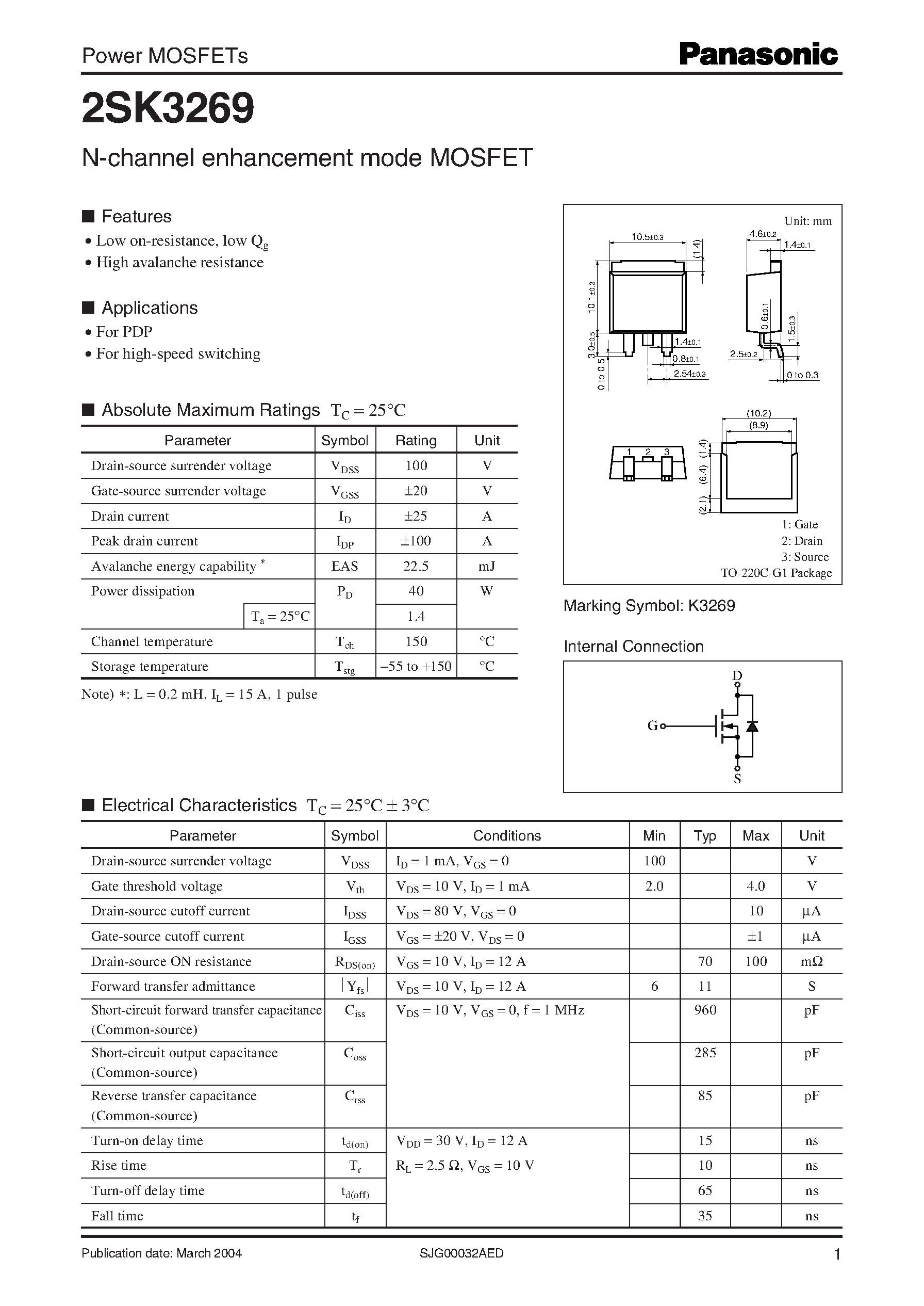 Datasheet 2SK3269 - N-channel enhancement mode MOSFET page 1