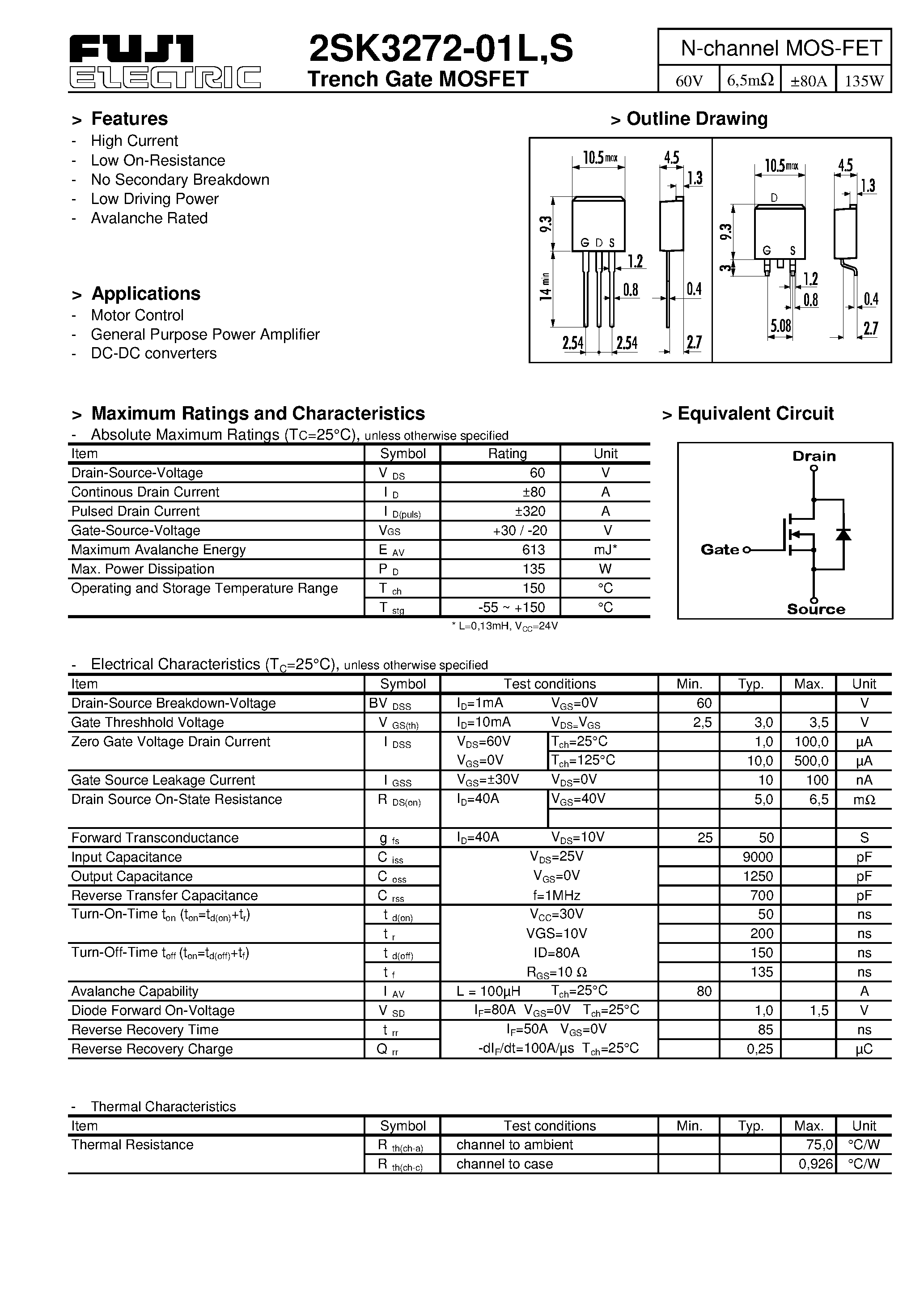 Datasheet 2SK3272-01S page 1 Datasheet 2SK3272-01S - N-channel MOS-FET page 1